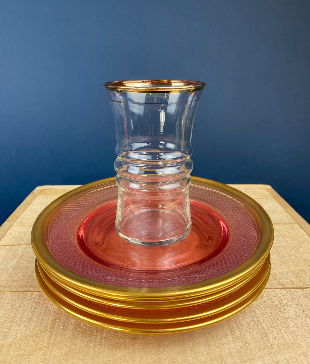Antique Etched Pink Glass Dessert/Salad Plates With Gold Rims. Set of Five. Etched Star & Waffle Brim. Holiday Dining. Fine Dining.