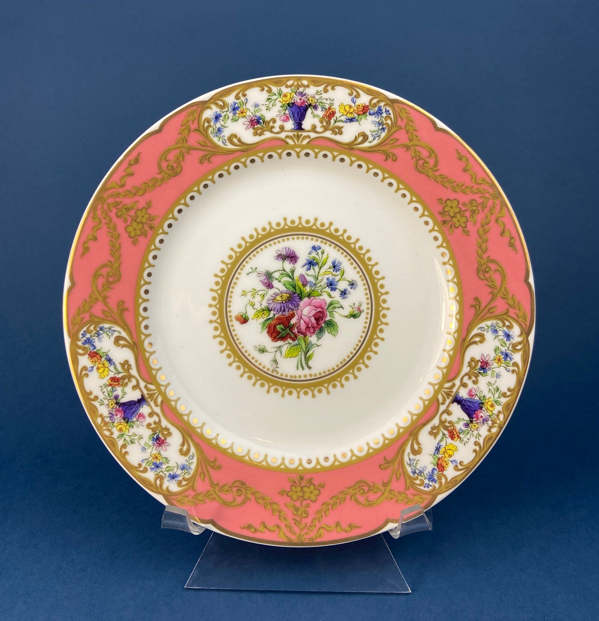 Antique Hand Painted Serving Plate with Gold Lattice. Porcelain Platter with Wild Flowers Motif.