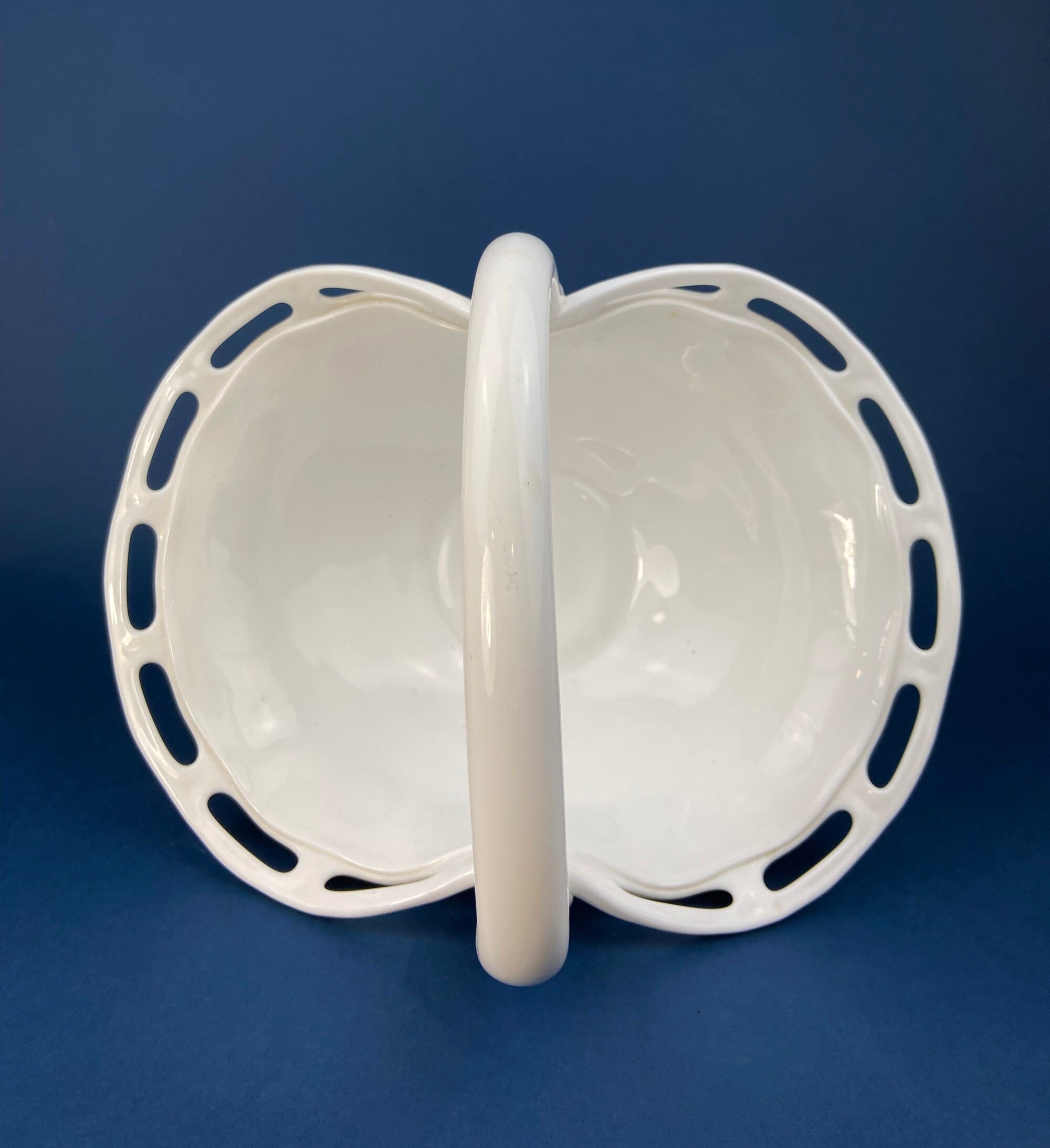 Milk Glass Basket. Large, Pinched Basket with Waffle Pattern, Embossed Circles, and Lacey Edge. Fruit Basket. Table Centerpiece.