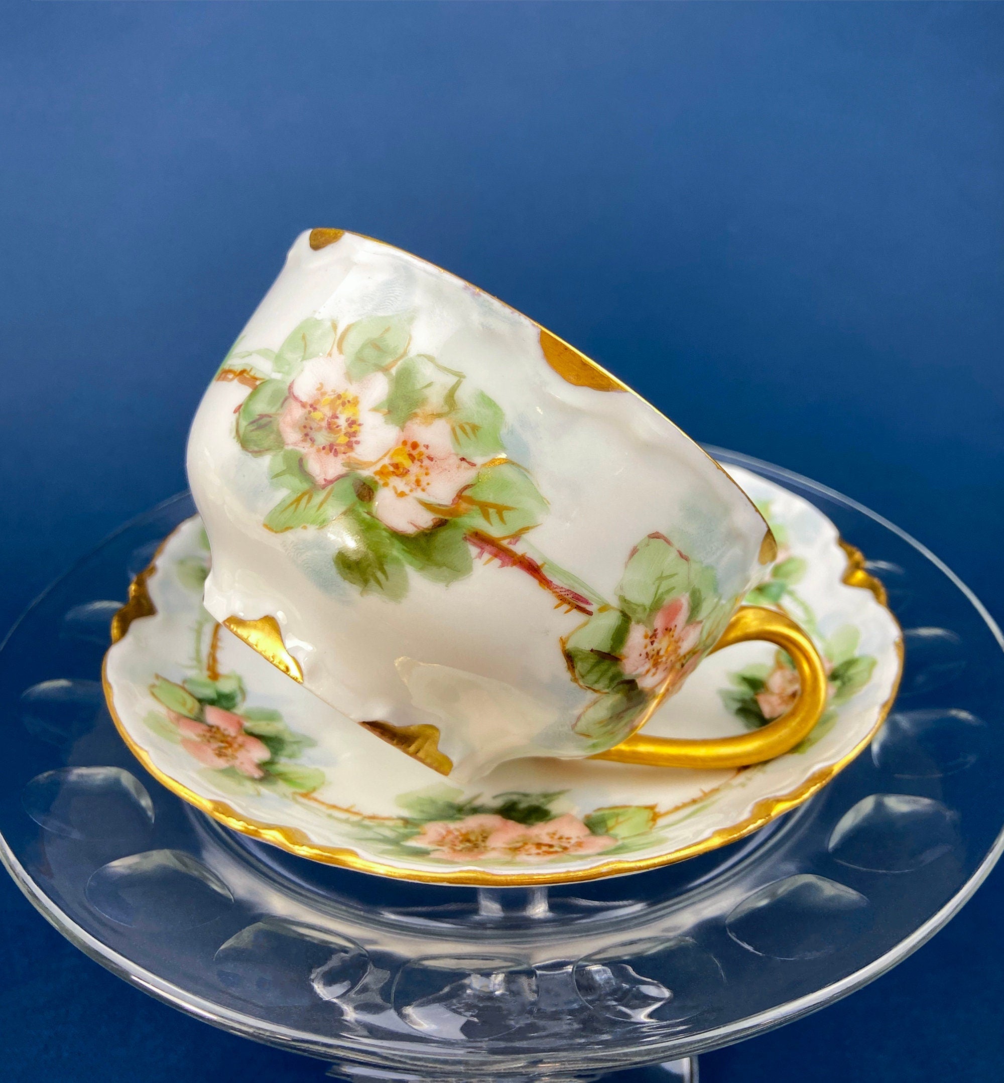 Antique Limoges Tea Cup and Saucer. Hand-Painted Porcelain by Haviland, France. Violet Clusters Motif. Highly Collectible.