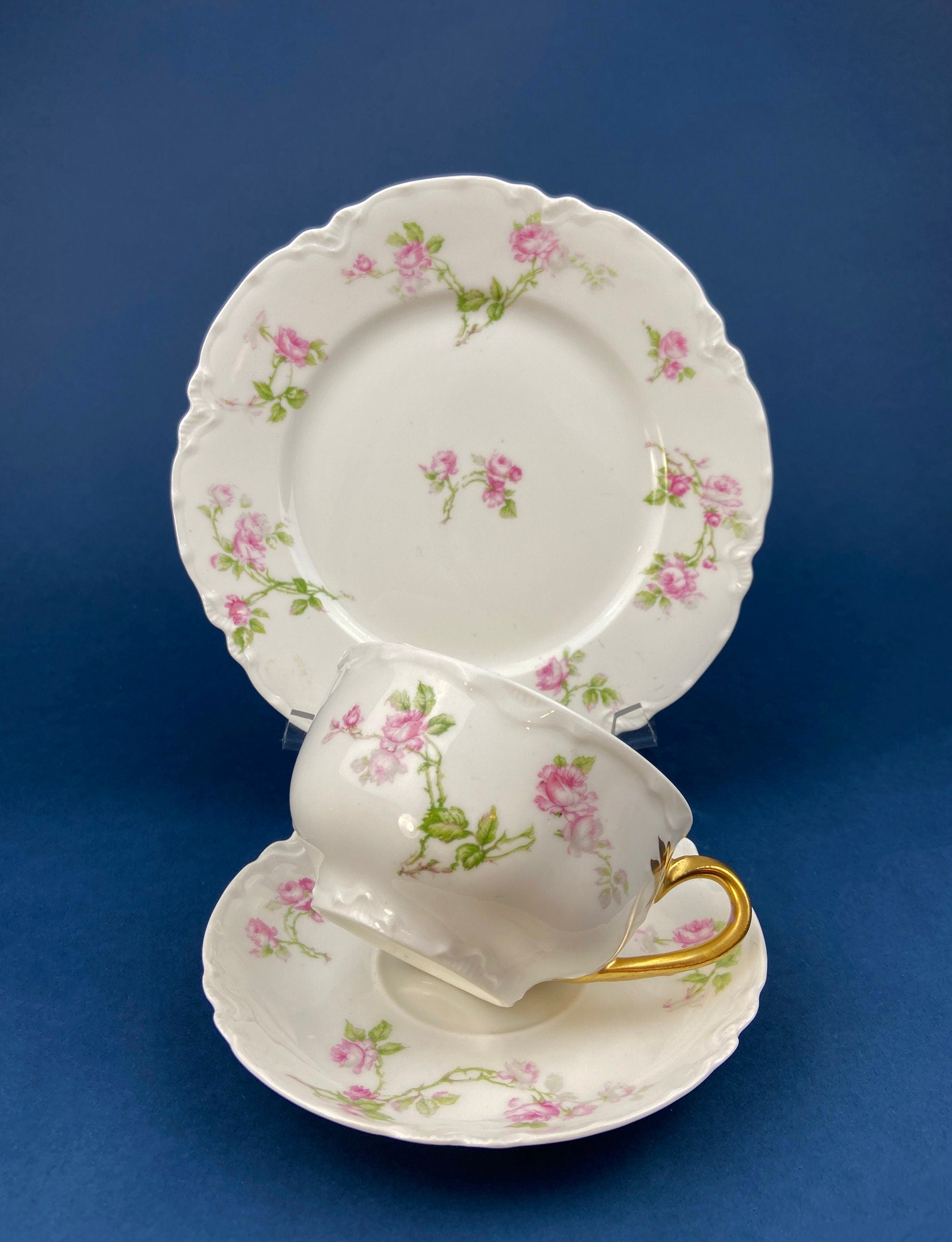 Antique Limoges Tea Cup and Saucer. Hand-Painted Porcelain by Haviland, France. Violet Clusters Motif. Highly Collectible.