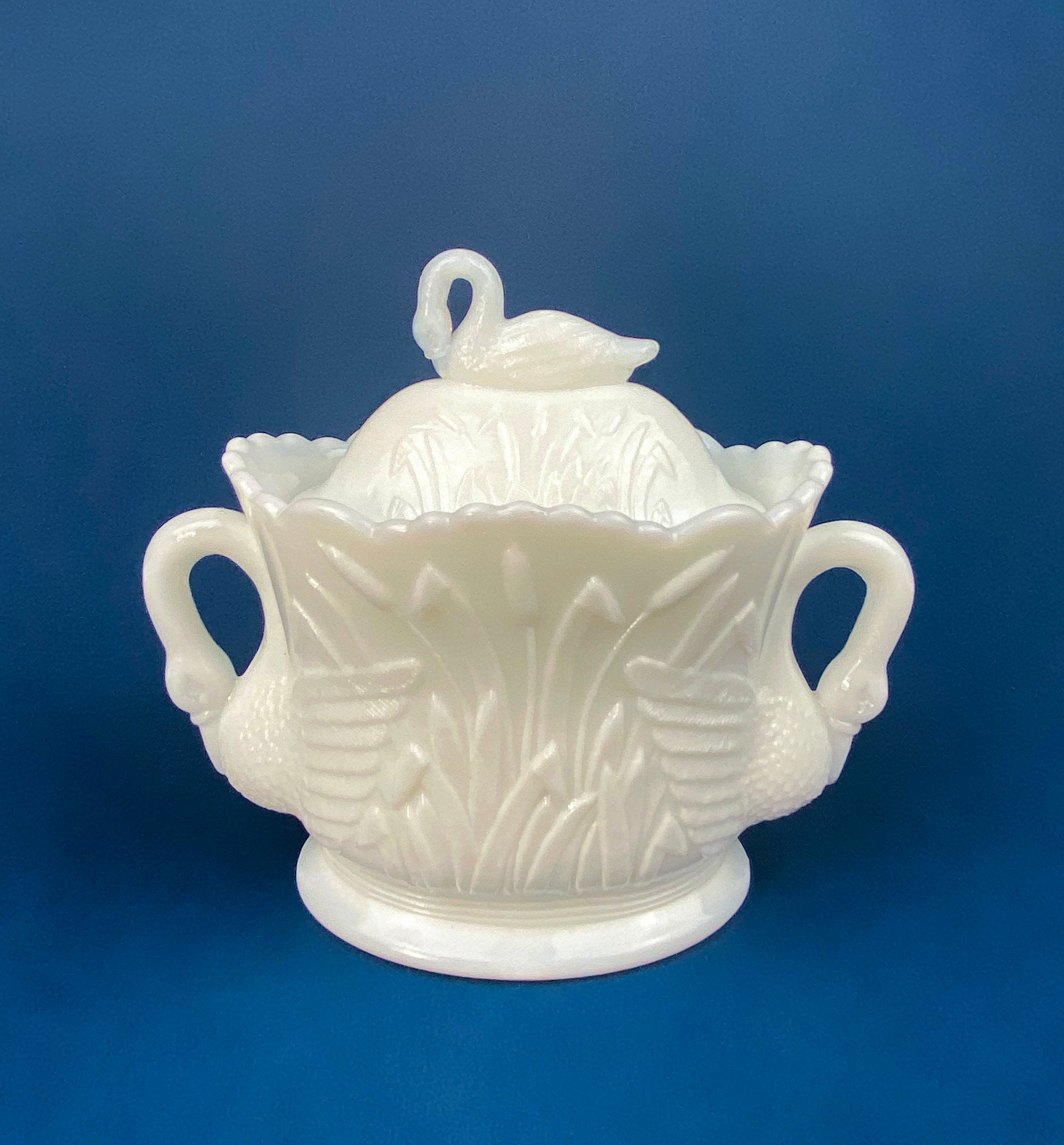 Cobalt Blue Creamer with Swan-Shaped Handle and Lid. Glass Creamer with Embossed Reed and Swans. Collectible Glass. Gift Idea.
