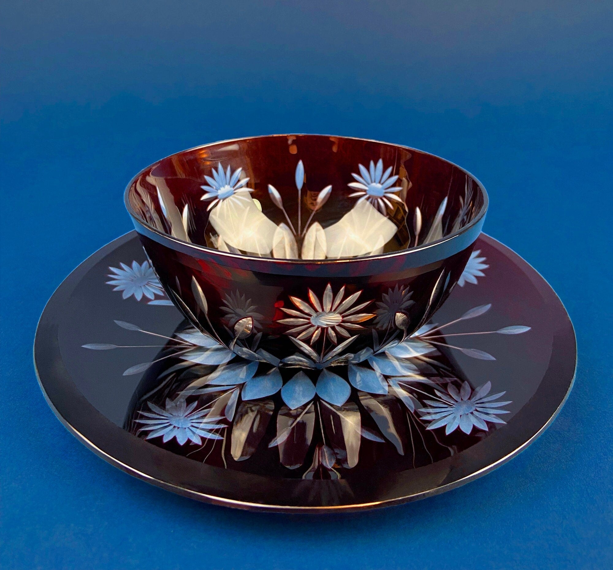 Vintage Bohemian Glass Crystal Serving Bowl and Plate. Set of Two Hand Cut Ruby Crystal Serving Dishes. Collectible Czech Glass.