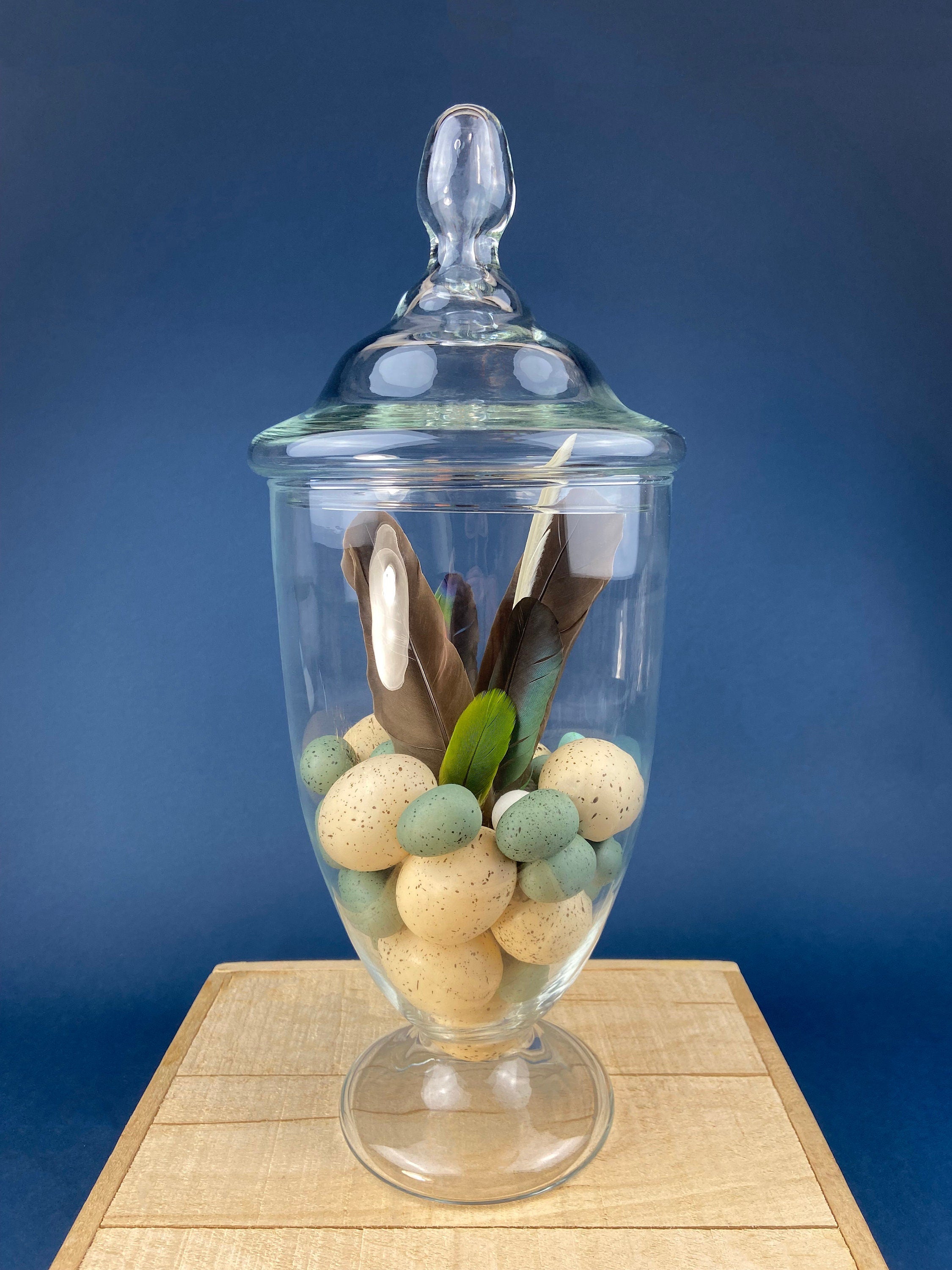 Large Lidded Apothecary with Eggs and Feathers. Alternative Spring/Easter Decor.  Footed, Glass Storage Jar. Table Centerpiece. Shabby Chic.