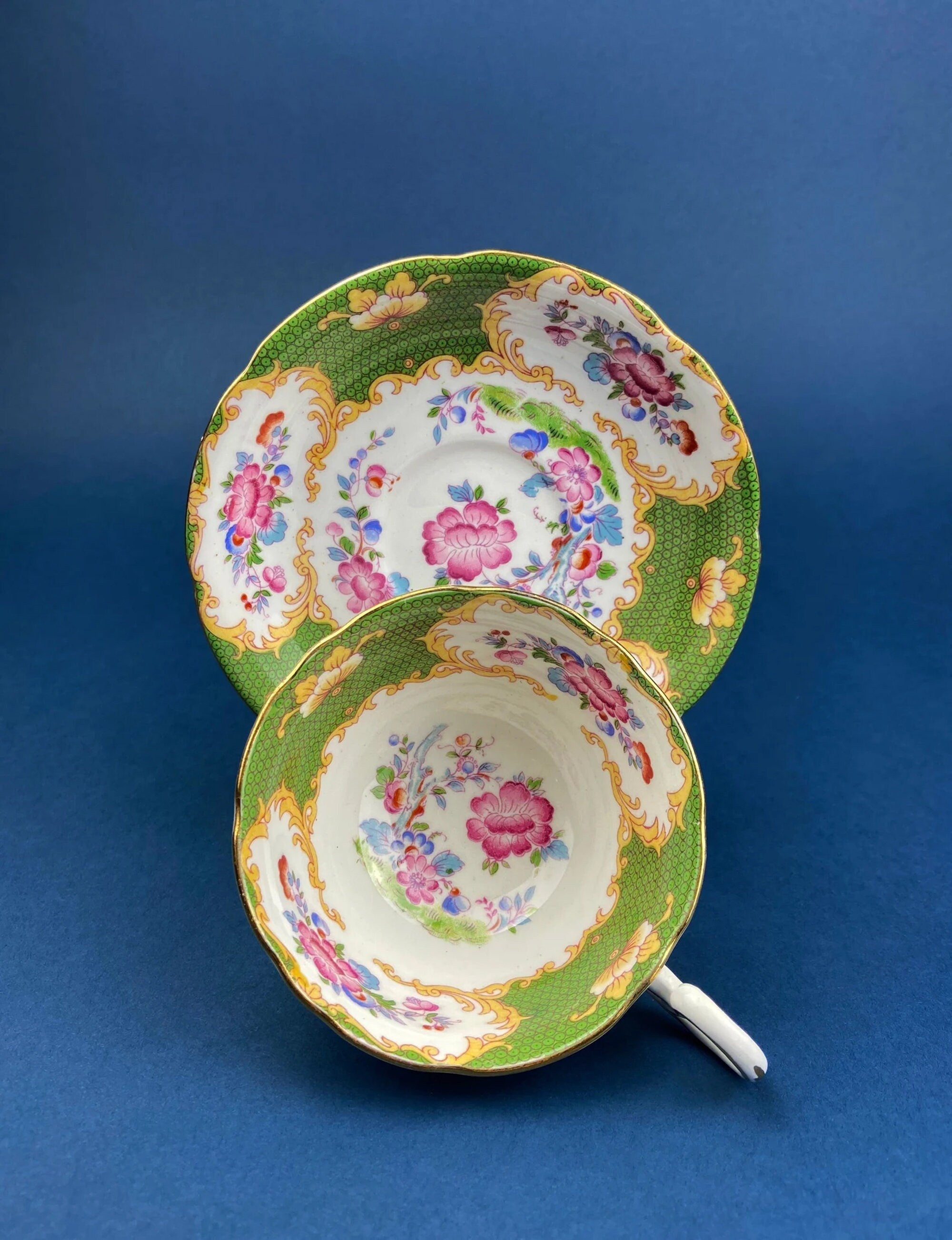 Antique Emerald Green Cup and Saucer, Occupied Japan, Floral Pattern
