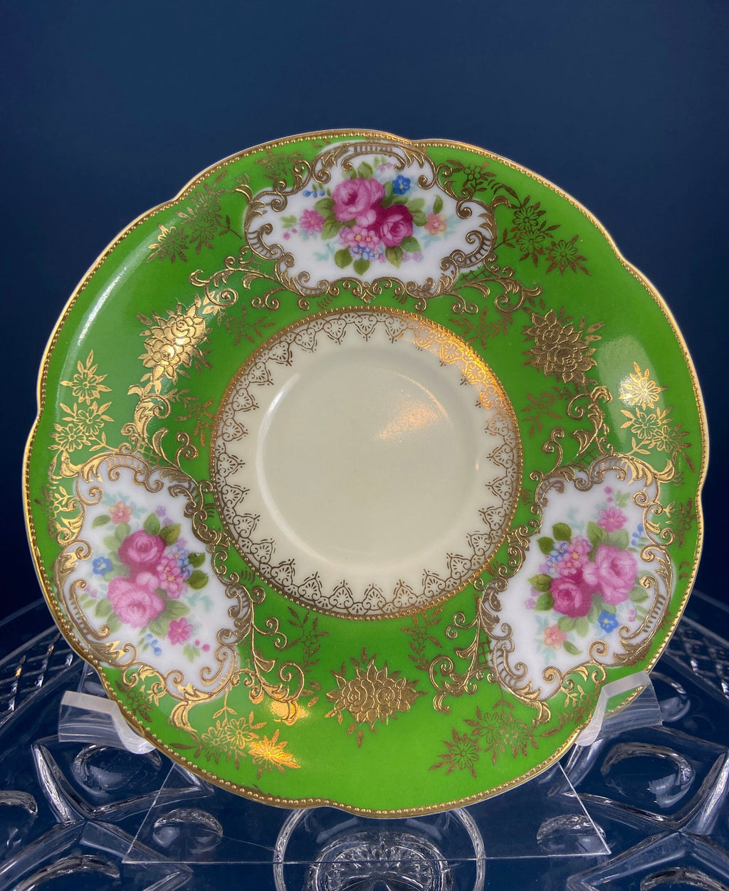 Antique Emerald Green Cup and Saucer, Occupied Japan, Floral Pattern