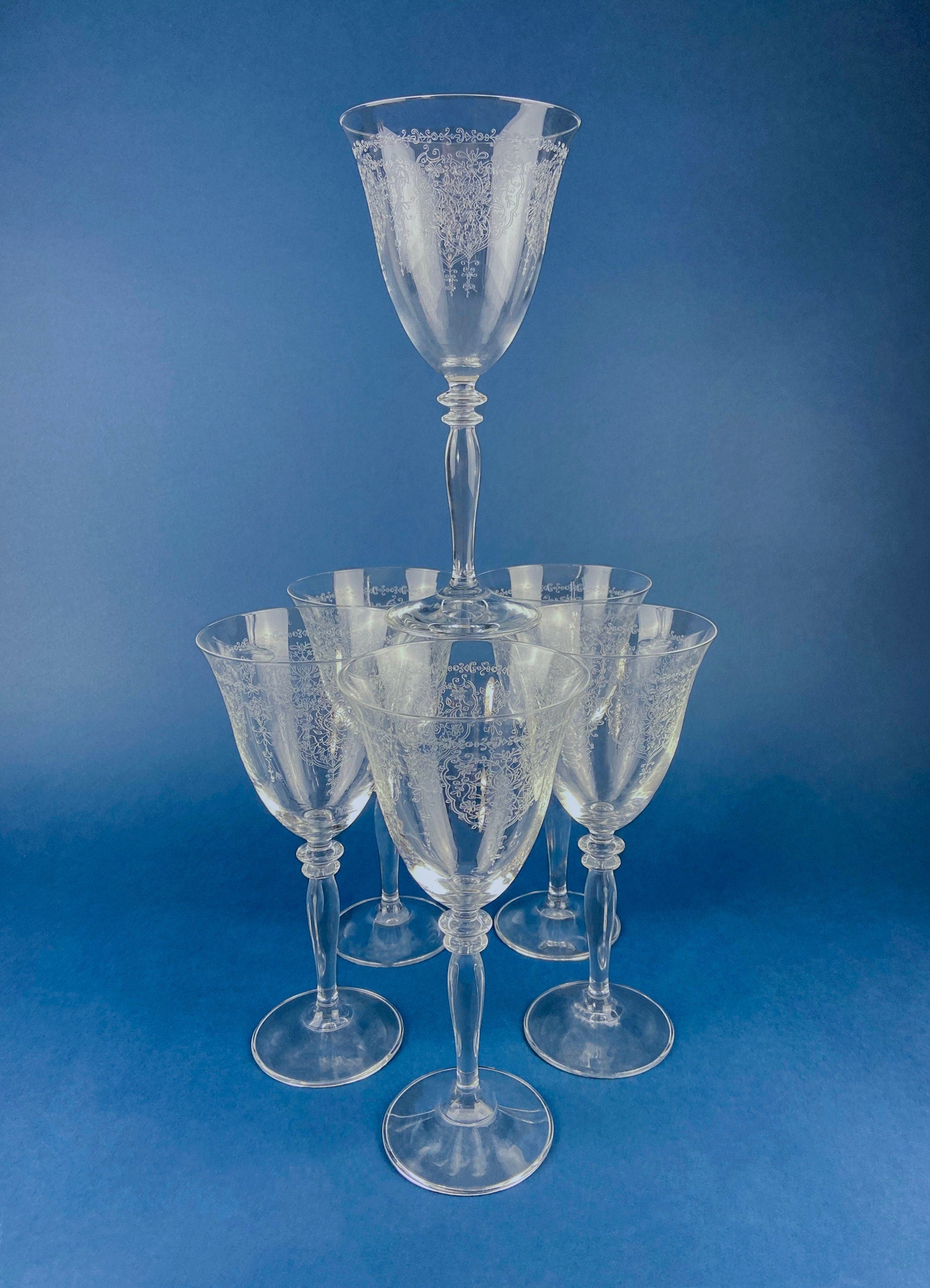 Etched Crystal Large Goblets. Set of 6 Oversized, Wine or Water Glassware. Persian Motif with Lotus. Collectible Stemware.