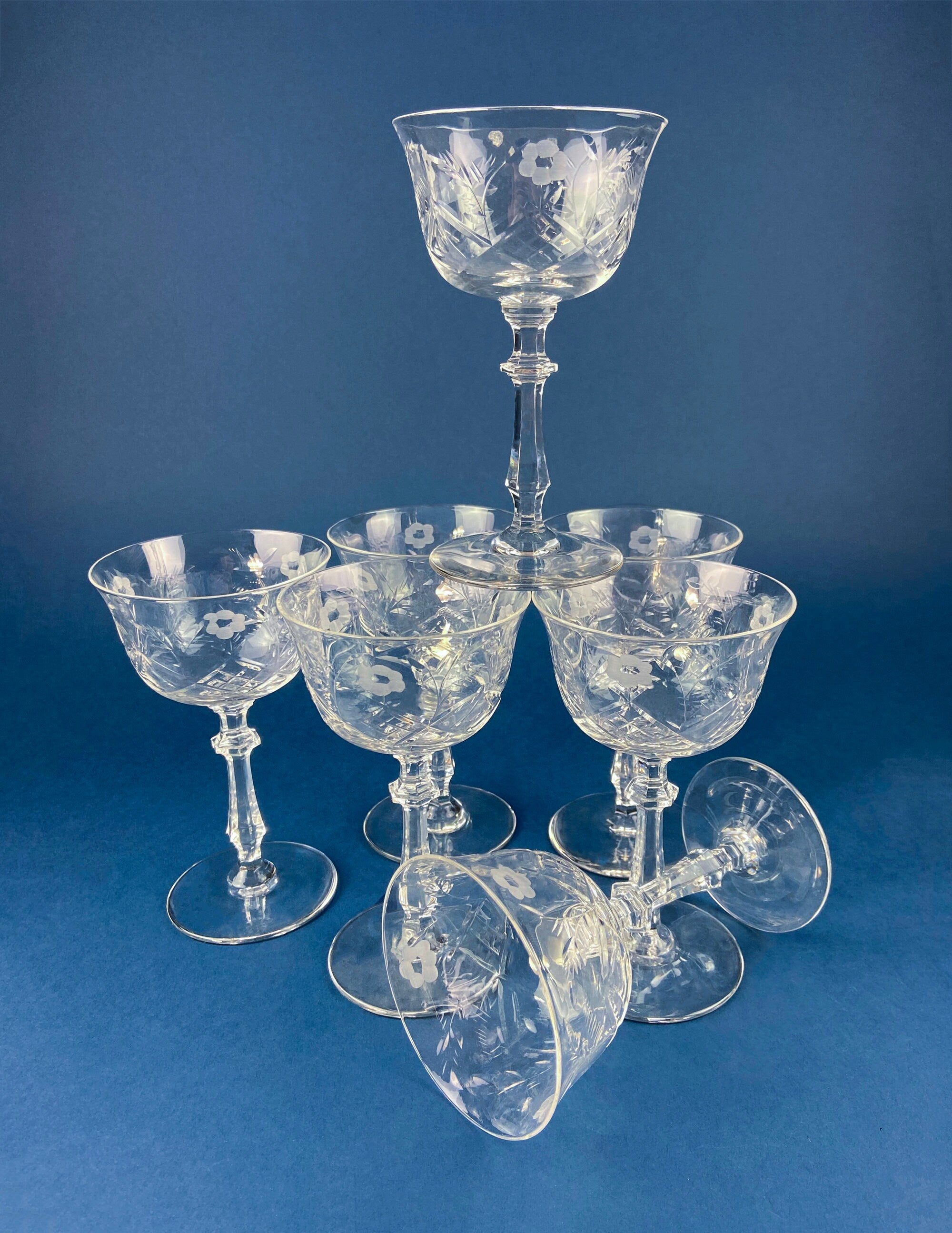 Cut Crystal Champagne Glasses. Geometrical Motif. Set of 7 Stemware. Incredible Shimmer & Ping. Wedding Gift. Housewarming Celebration.