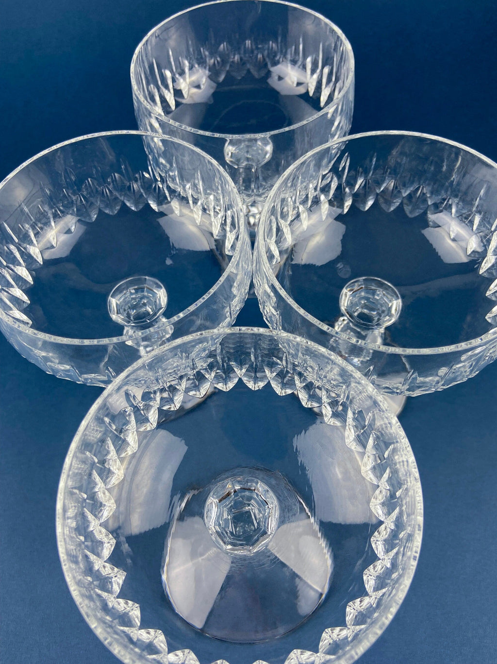 Cut Crystal Champagne Glasses. Geometrical Motif. Set of 7 Stemware. Incredible Shimmer & Ping. Wedding Gift. Housewarming Celebration.