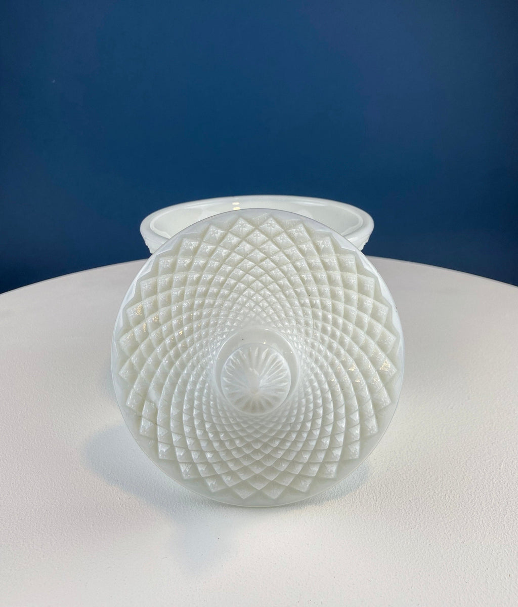 Milk Glass Bowl with Lid. Diamond Pattern, Cone Shaped Bowl with Cover. Trinket Compote for Dresser Top, Bathroom Accesories, Candy Dish.