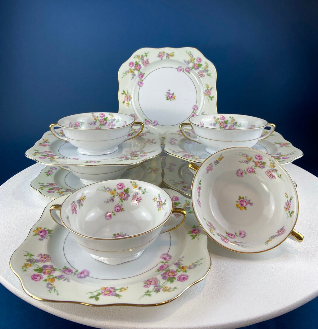 Vintage Noritake Allison Porcelain Soup Bowls & Saucers, Gold Wedding Band China, Set of 7