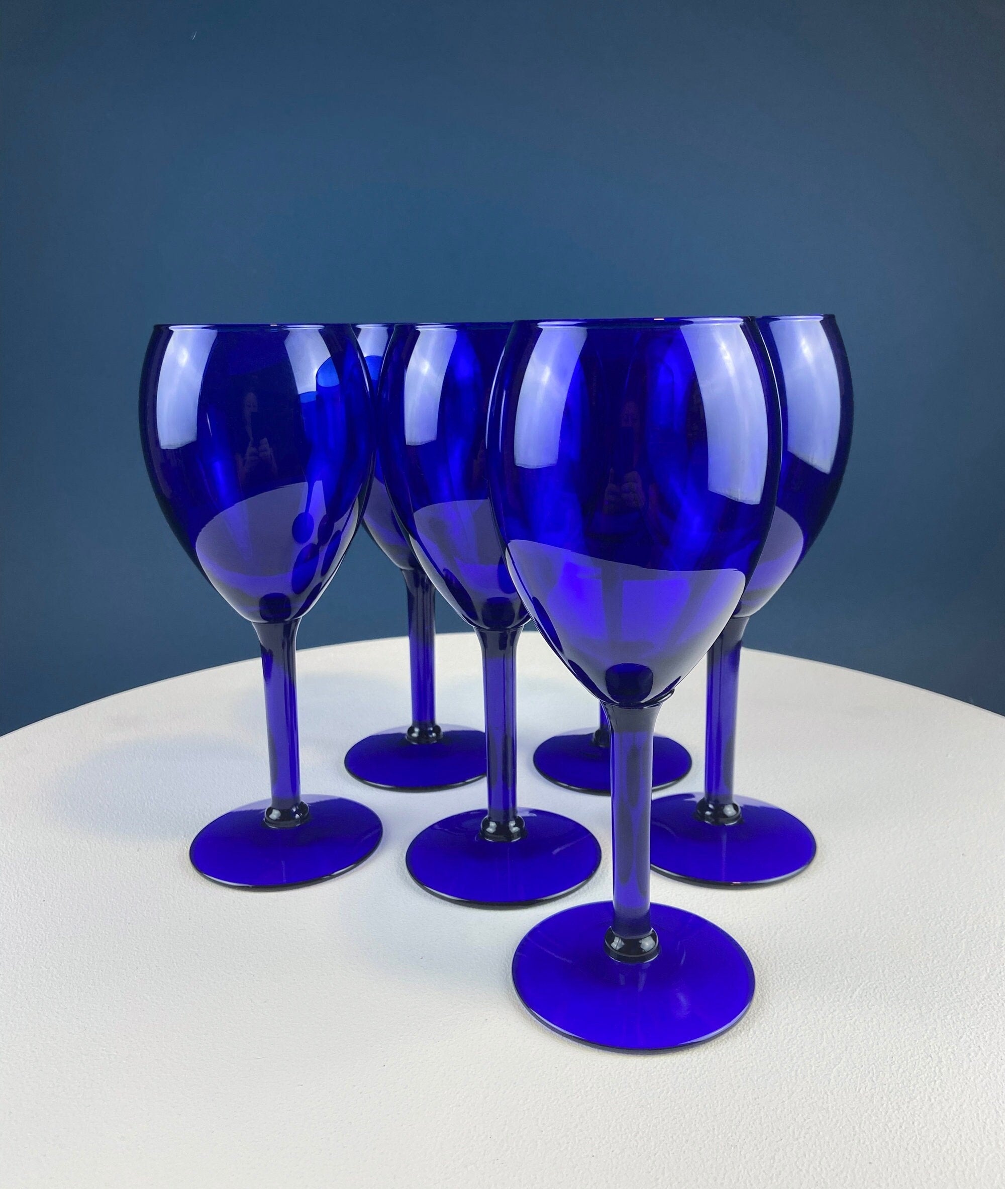 Cobalt Blue Wine Glasses.  Set of Six Stemware. Dark Blue Modern Glasses. Holiday Celebration.