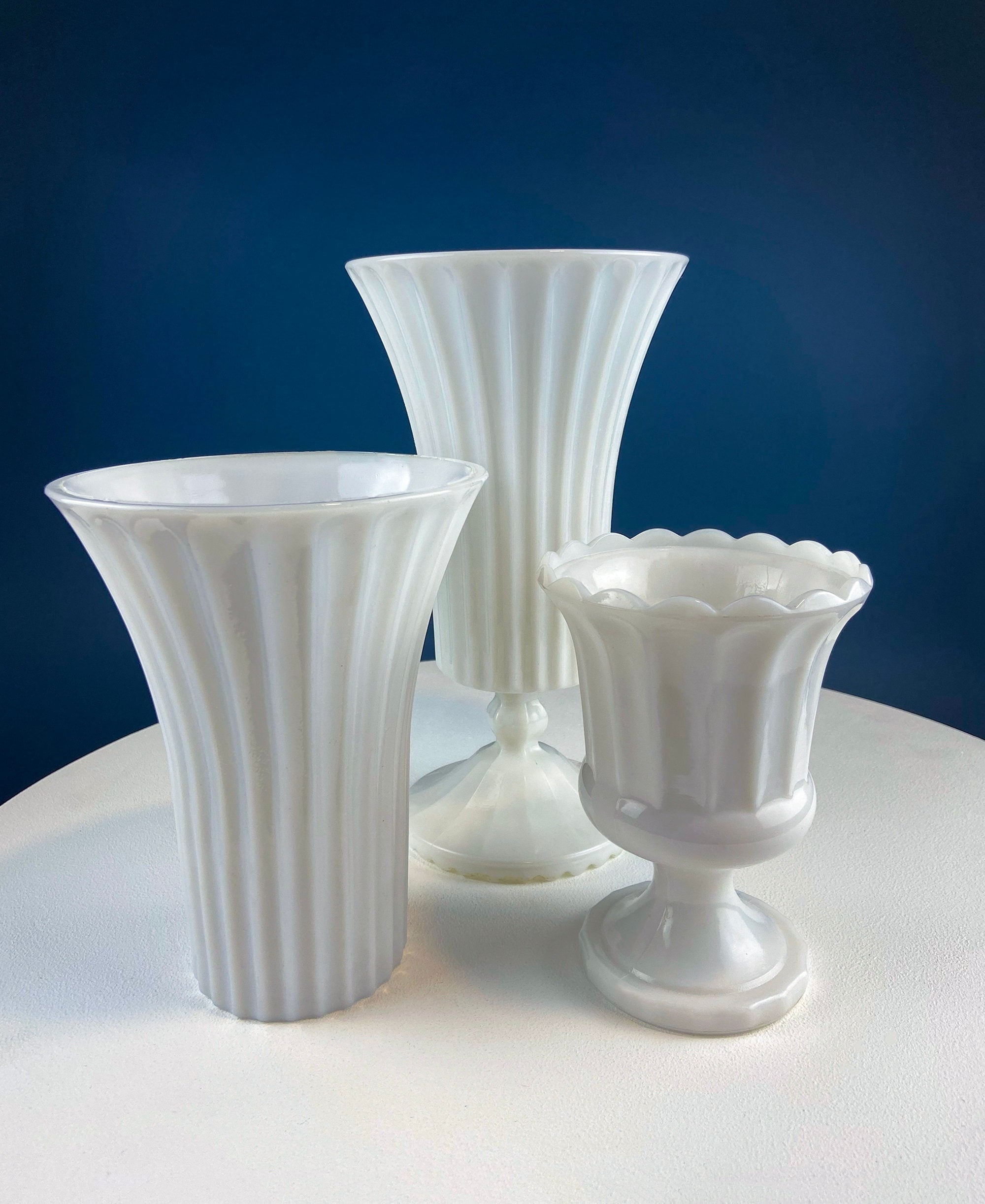 Set of Three, Fluted Milk Glass Vases.  Collection of White, Modern Style Vases of Varying Shapes and Sizes. Wedding Decor. White Home Decor