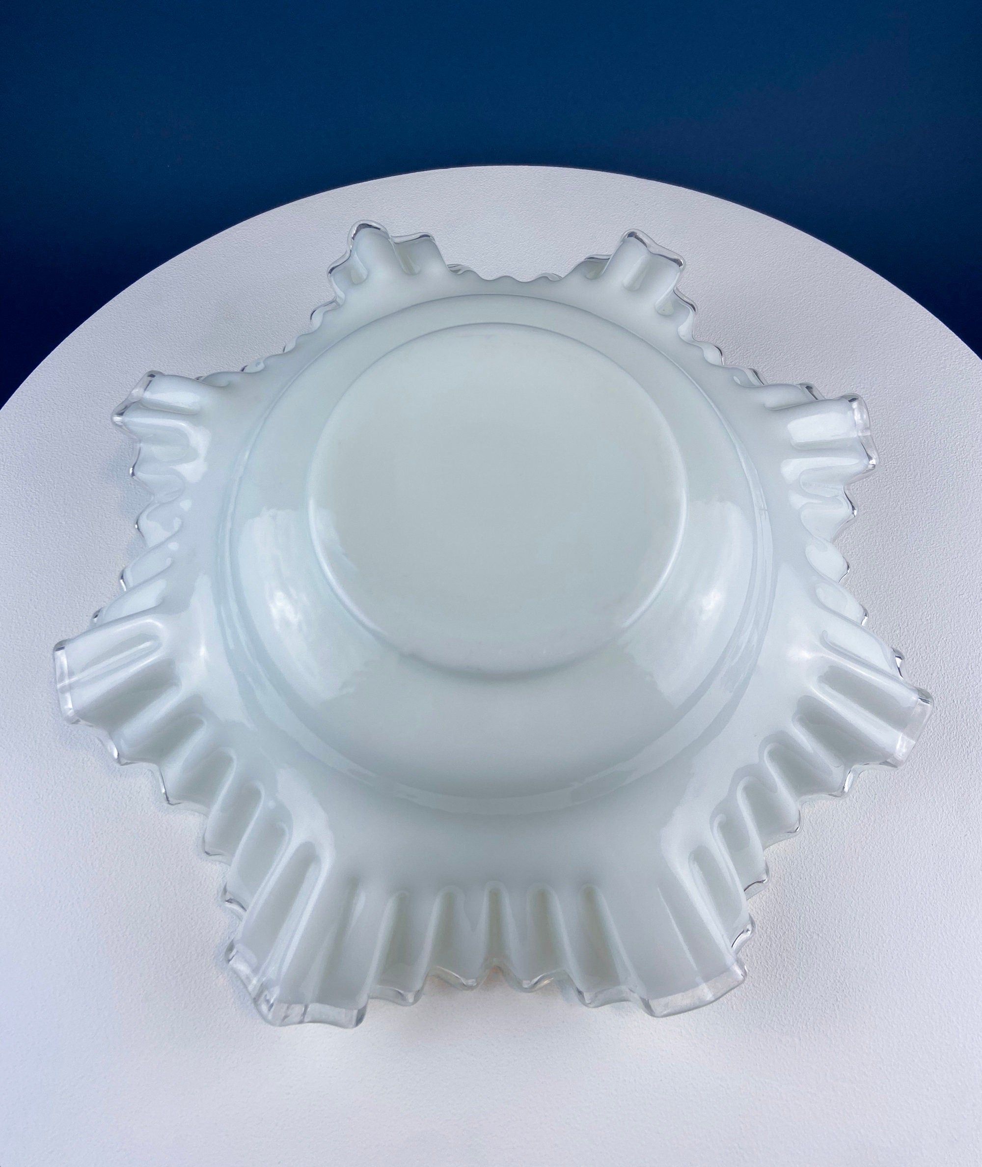 Silvercrest Bowl with Ruffled Edge. White Glass Fruit Bowl or Serving Dish with Clear Brim. Table Centerpiece. Serviceware. Wedding Gift.