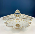 Antique Limoges Porcelain Divided Bowl: Gold Floral Motif, Scalloped Rim