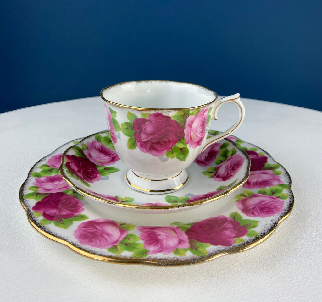 Black Cup and Saucer with Roses on White Background Inside the Cup. Royal Albert Old Country Rose Tea Set. Hand Painted Pink & Red Roses.