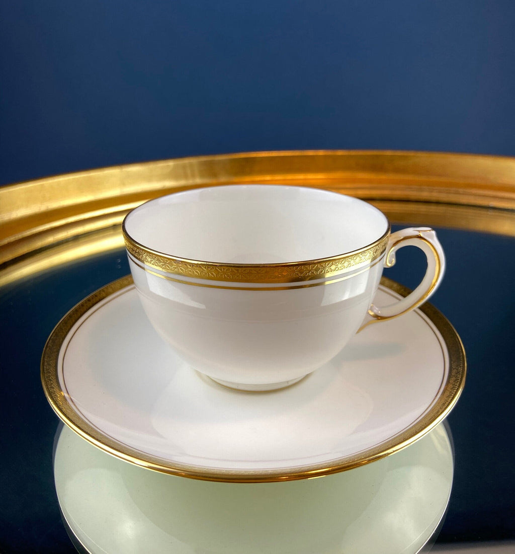 Contemporary Noritake White Cup and Saucer with Gold Rim. Classic Wedding Band China. Queen's Gold. Dining Room Decor. Minimal Design.