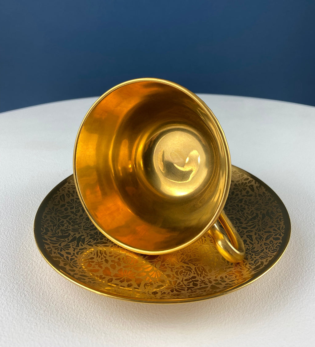 Gold on Gold Cup and Saucer by Wheeling, Germany, Paired with Stunning Gilded Hutschenreuther Serving Plate. Tea Set. Luxury Living.