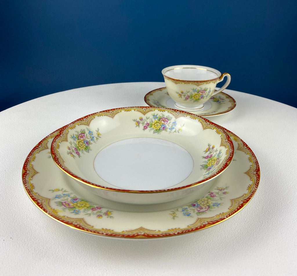 Vintage Dinner Set with Yellow Red Bands Rose Garlands. Kikusui China: 8 Dinner & Salad Plates, 6 Soup Plates, 4 Cups Saucers, Creamer/Sugar