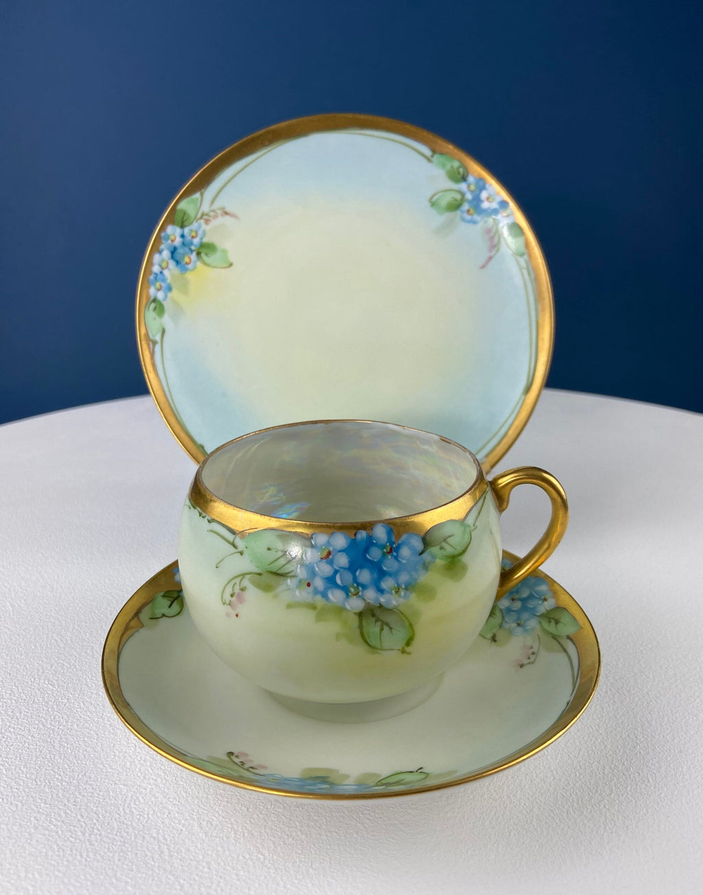 Antique Nippon Cup & Saucer Trio with Forget-Me-Not Motif. Hand Painted Porcelain. Collectible Porcelain.  Luxury Living.