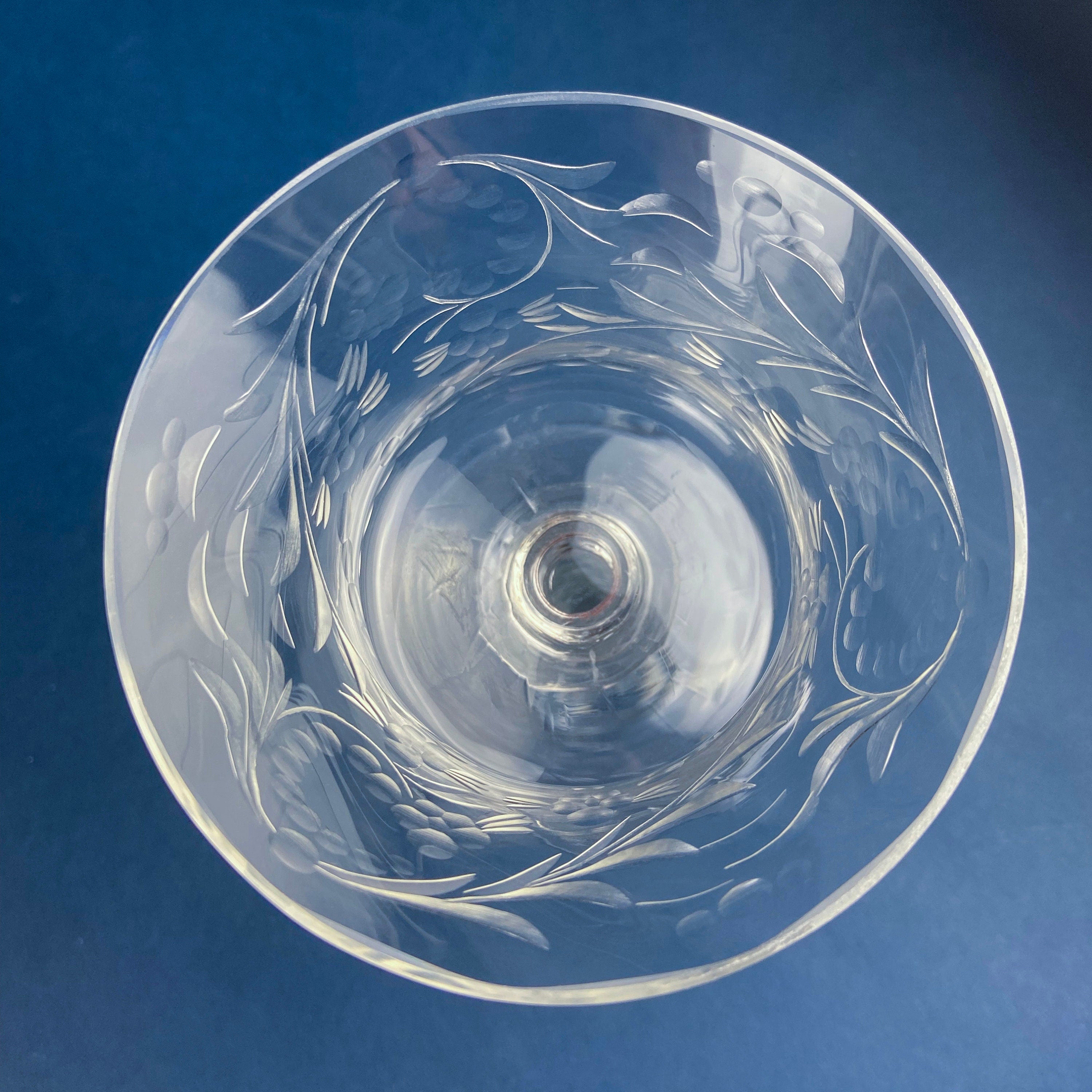 Vintage Wine or Water Goblets by Newton Crystal Co. Hand Blown Tall Stemware. Swirl Optic and Cut Floral. Stem #3365-3. Set of 4 Glasses.