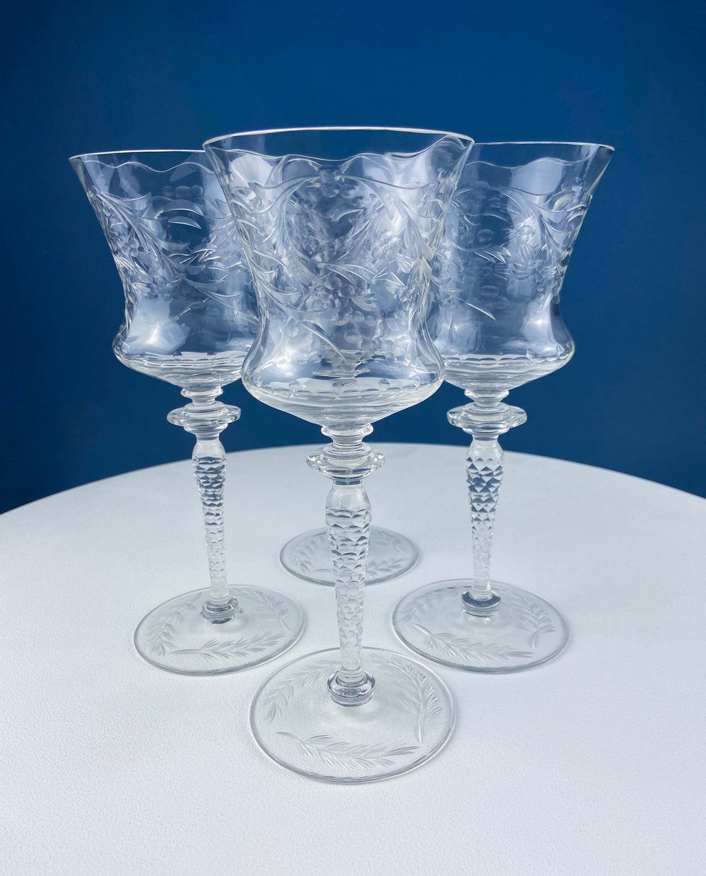 Vintage Wine or Water Goblets by Newton Crystal Co. Hand Blown Tall Stemware. Swirl Optic and Cut Floral. Stem #3365-3. Set of 4 Glasses.