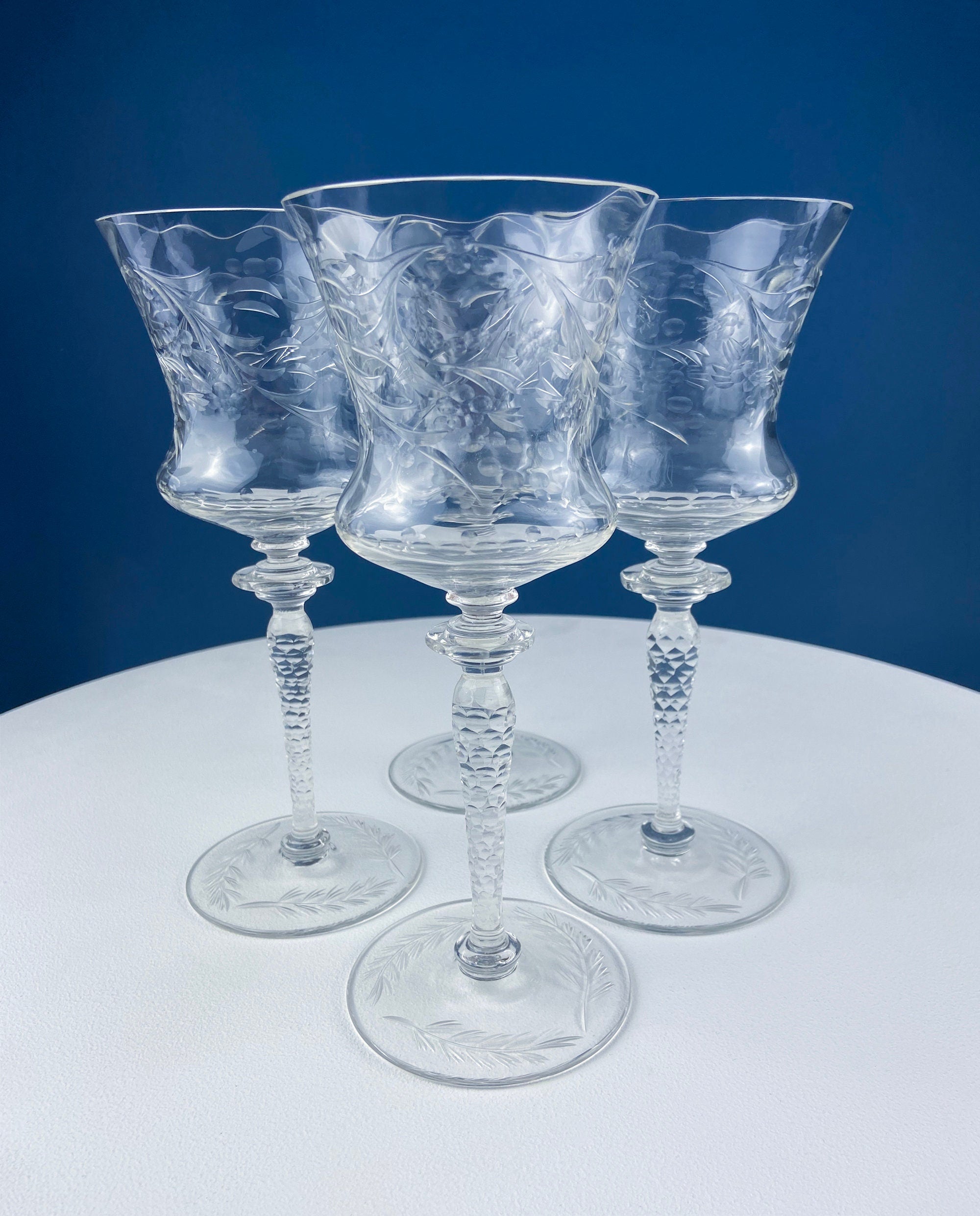 Vintage Wine or Water Goblets by Newton Crystal Co. Hand Blown Tall Stemware. Swirl Optic and Cut Floral. Stem #3365-3. Set of 4 Glasses.