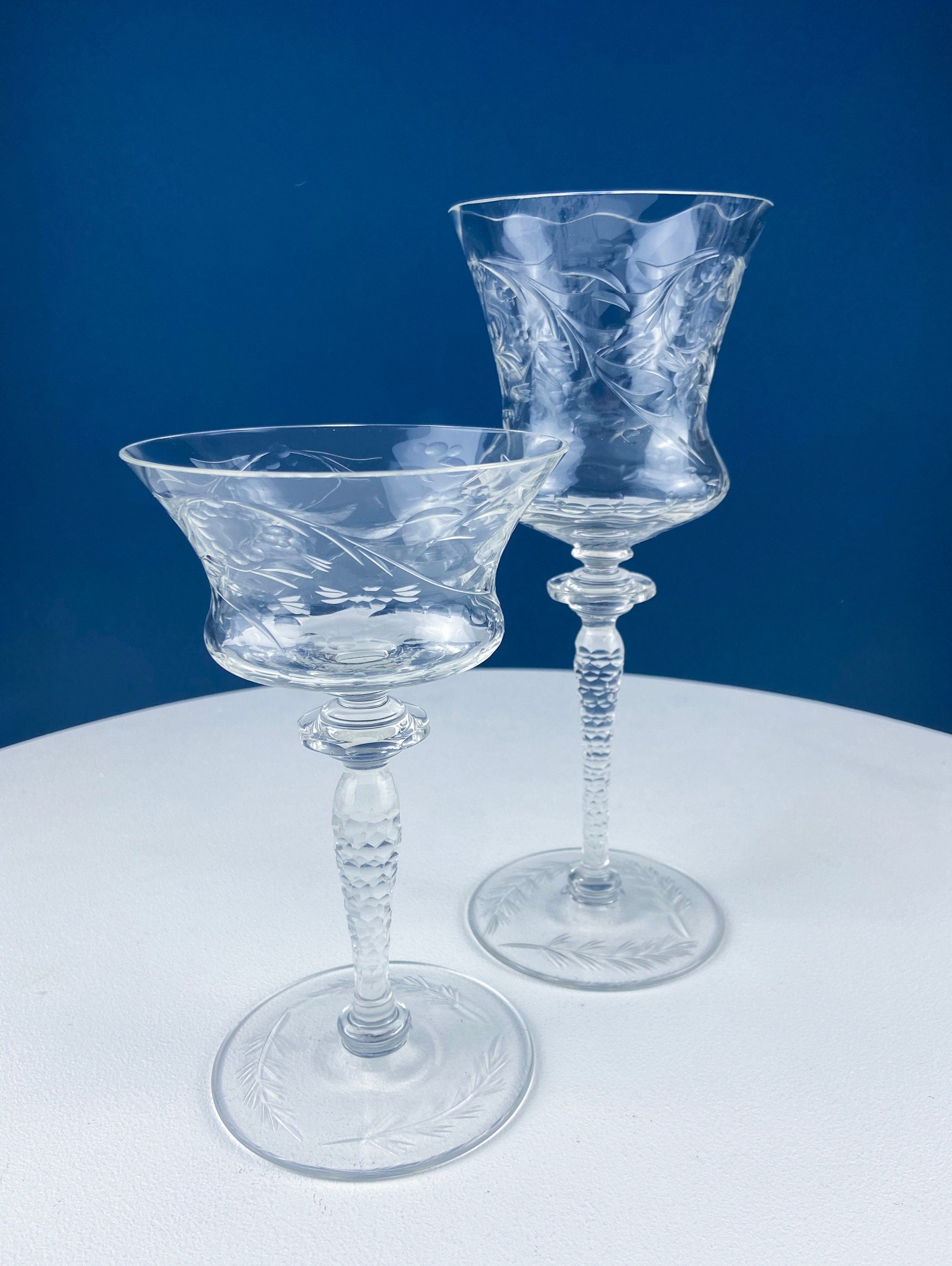 Vintage Wine or Water Goblets by Newton Crystal Co. Hand Blown Tall Stemware. Swirl Optic and Cut Floral. Stem #3365-3. Set of 4 Glasses.