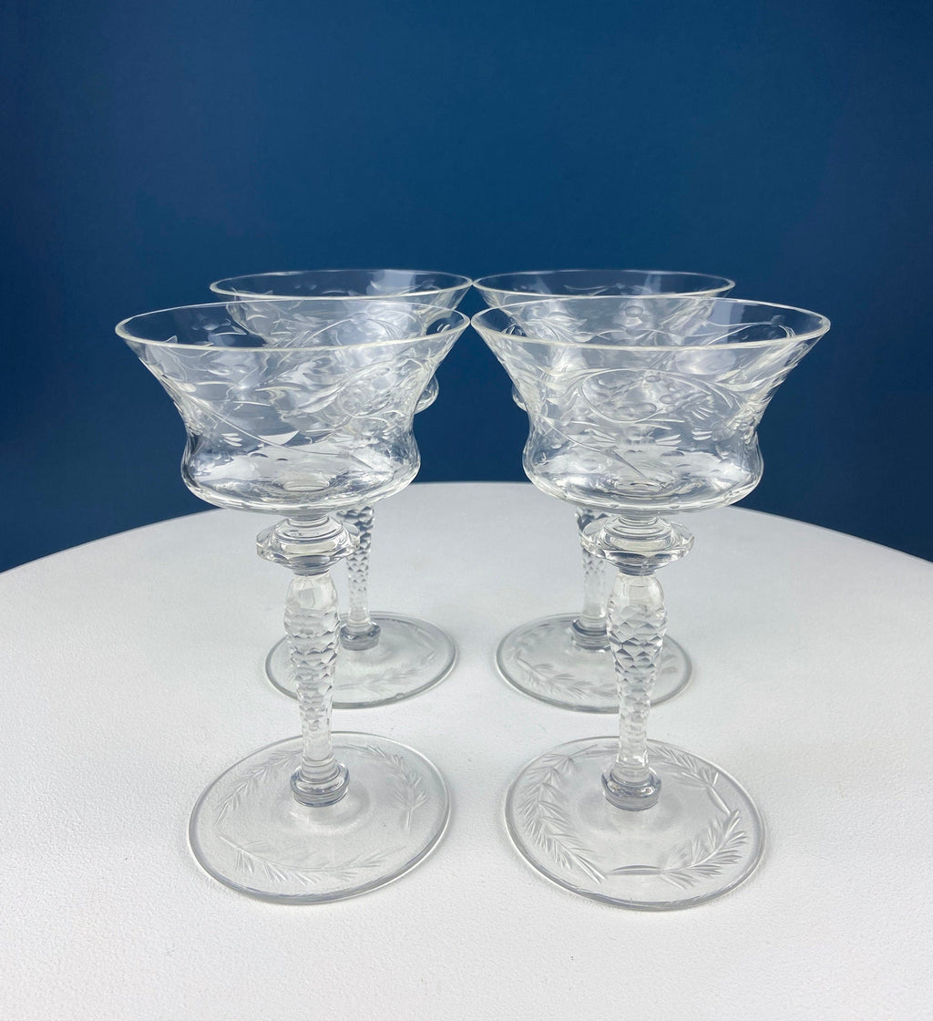 Vintage Wine or Water Goblets by Newton Crystal Co. Hand Blown Tall Stemware. Swirl Optic and Cut Floral. Stem #3365-3. Set of 4 Glasses.