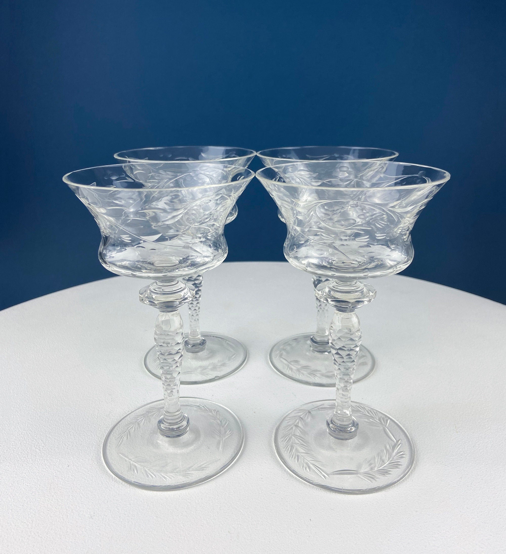 Vintage Wine or Water Goblets by Newton Crystal Co. Hand Blown Tall Stemware. Swirl Optic and Cut Floral. Stem #3365-3. Set of 4 Glasses.
