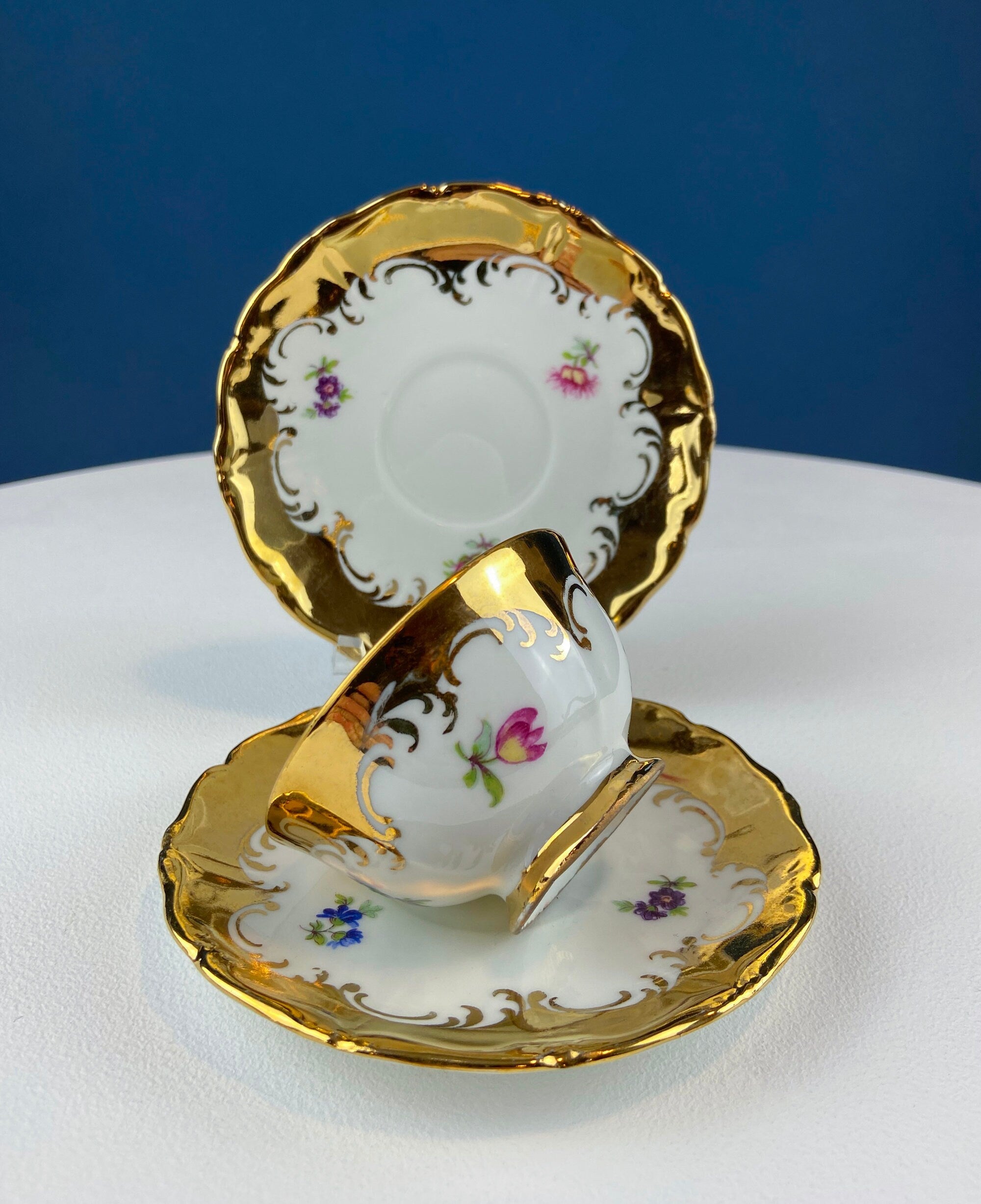 Gold Demitasse Tea Set: Prussian Hand-Painted Coffee/Tea Service for Two