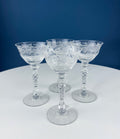 Tiffin Franciscan Sweet Wine Glasses. Set of Four Byzantine Etched Stemware. Floral Motif.
