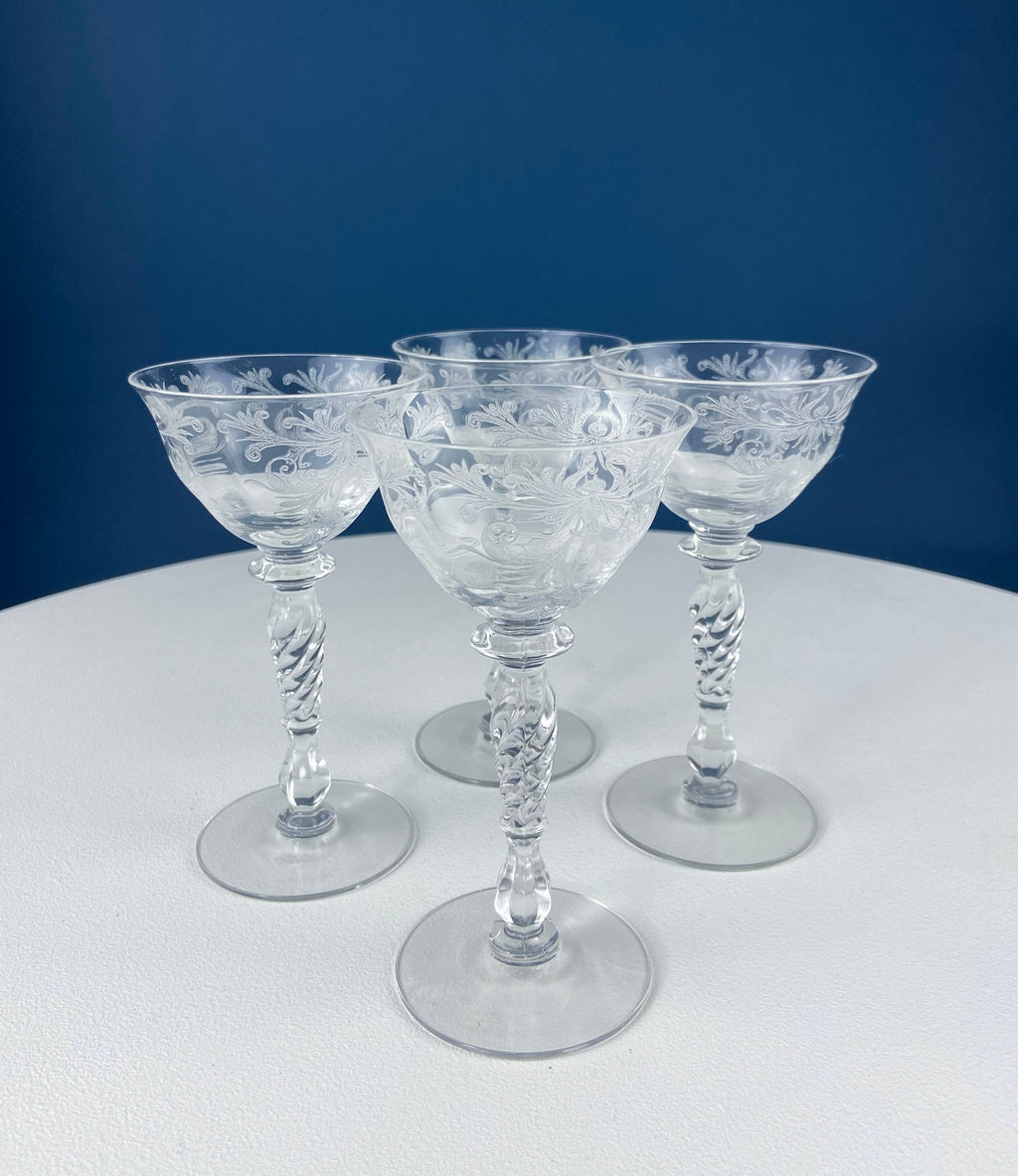 Tiffin Franciscan Water or Juice Glasses. Set of Five Byzantine Etched Stemware. Floral Motif. Fine Dining. Collectible Stemware.