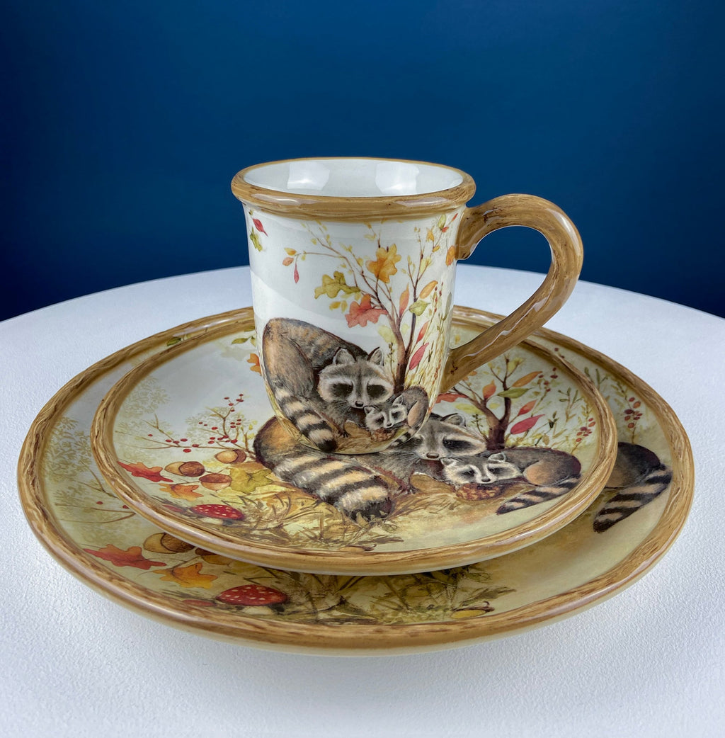 Cute Raccoon Dinner Set for One. Whimsical Plates and Mug. Kid at Heart or Grandparents' Gift for Grandkids. Fall Celebration. Cabin Decor.