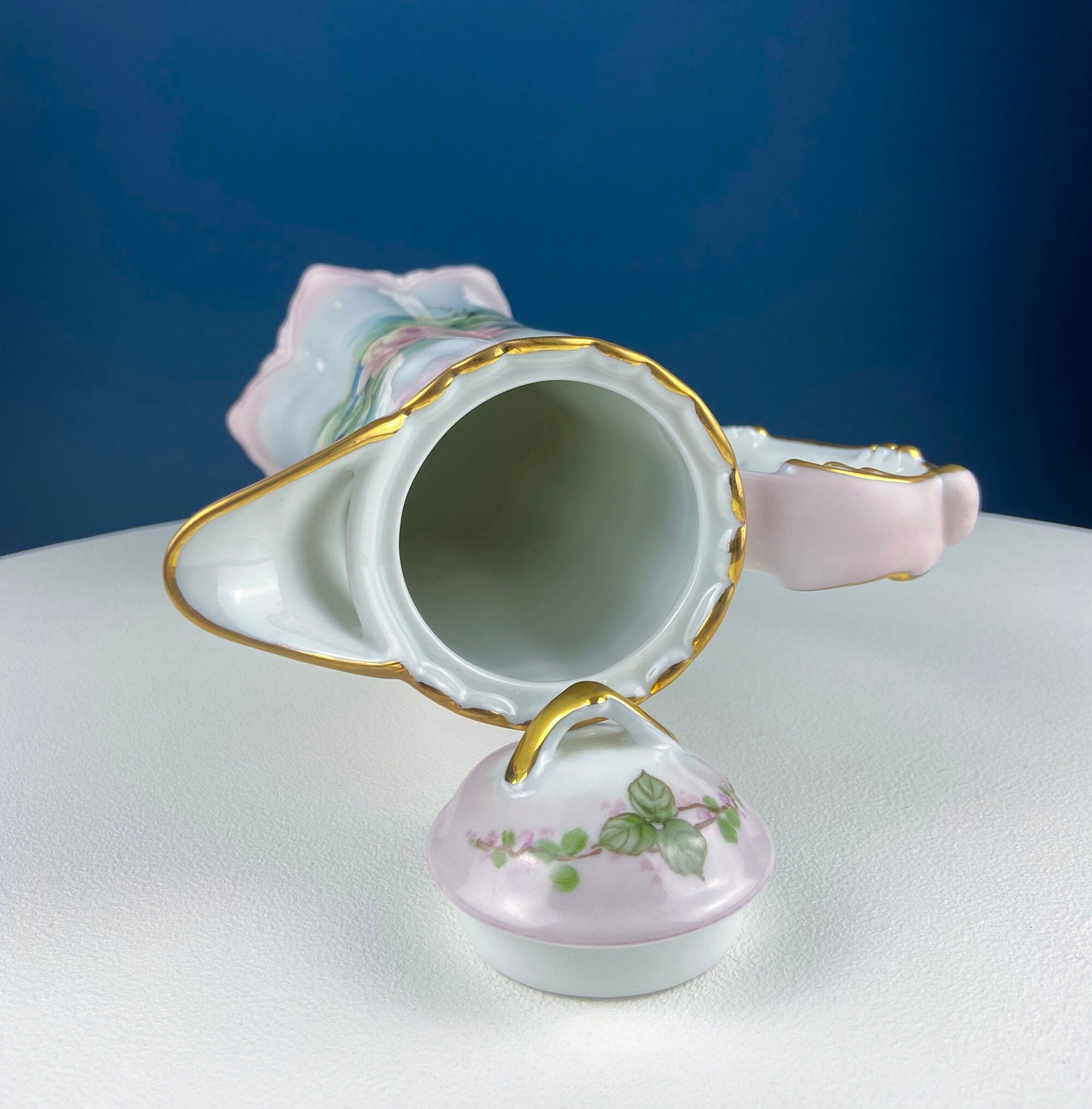 Tall, 11-Inch Antique Hand Painted Hot Chocolate Pot. Stunning Peach Color Roses. Collectible Fine Bone China. Bohemian Chic.