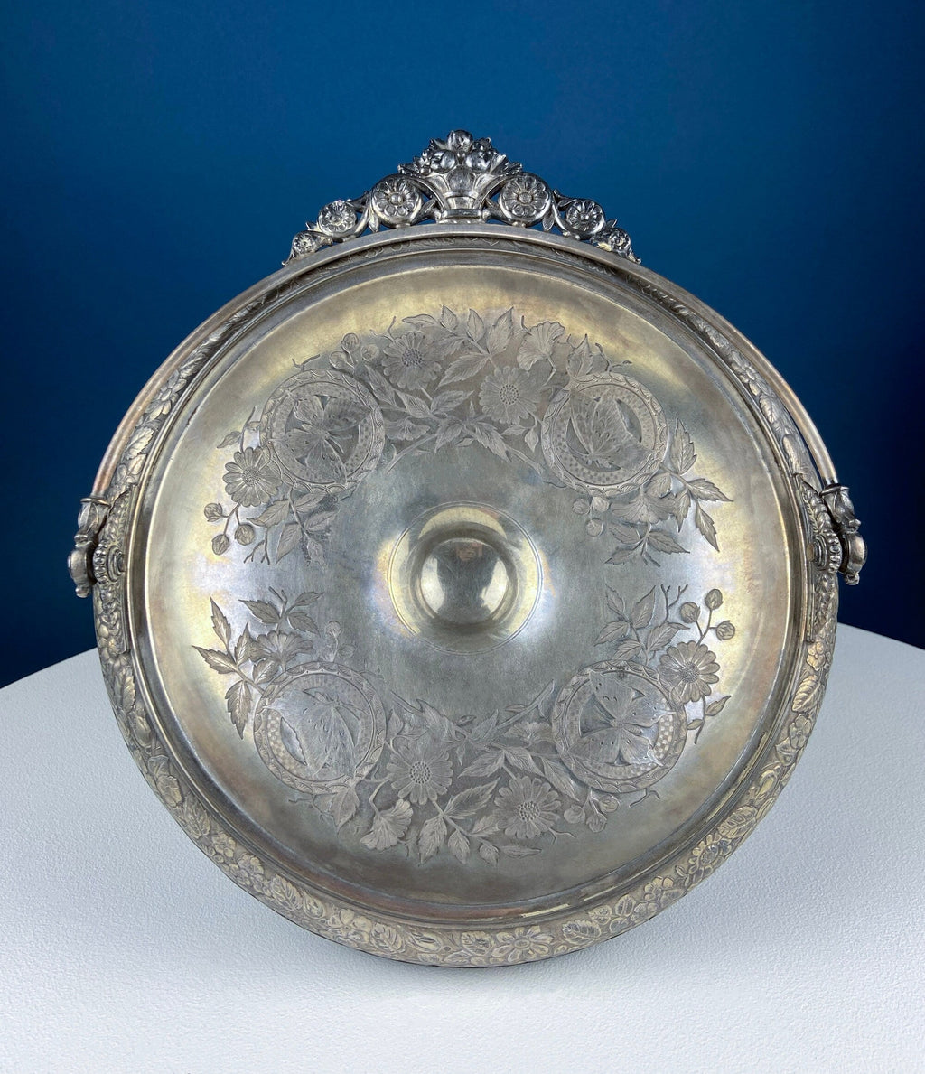 Victorian Silver Plated Fruit Pedestal with Handle. Bridal Basket. Stunning Butterflies & Flowers Relief. Table Holiday Centerpiece.