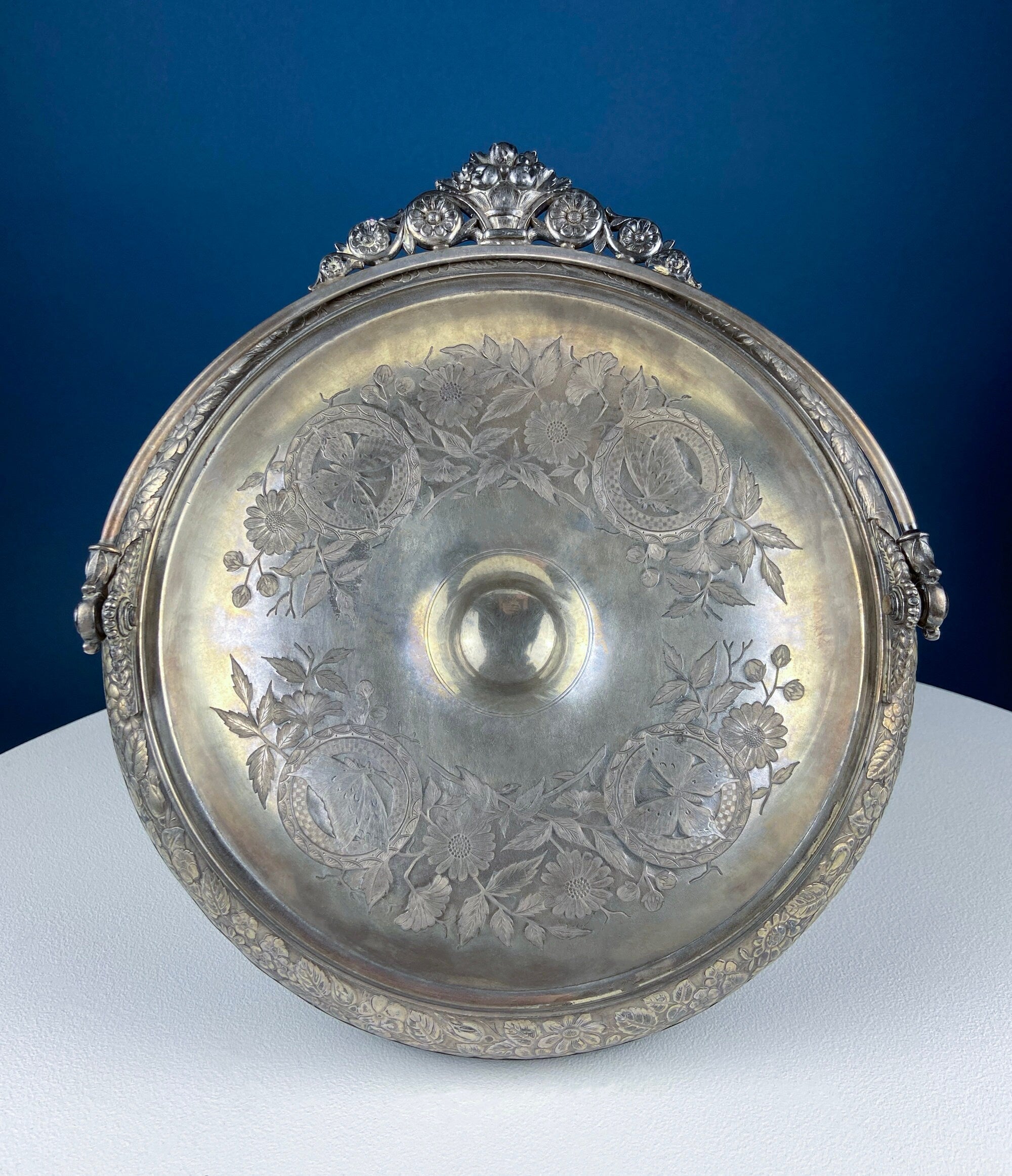 Victorian Silver Plated Fruit Pedestal with Handle. Bridal Basket. Stunning Butterflies & Flowers Relief. Table Holiday Centerpiece.