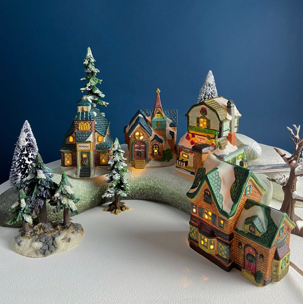 Christmas Village Collection of Small Illuminated Houses. Set of 4 Bldgs: Mill, 2 Churches, Train St., Council Offices, 2 Sheep and 3 Pines.