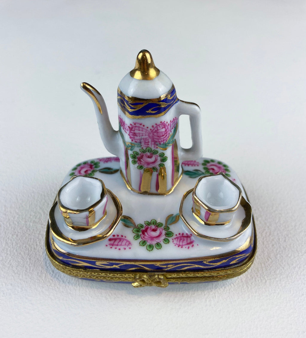 Tea Time Porcelain Limoges Box. Miniature Tea Setting, Tea/Coffee Pot & Cups with Floral Motif. Made in France. Highly Collectible.