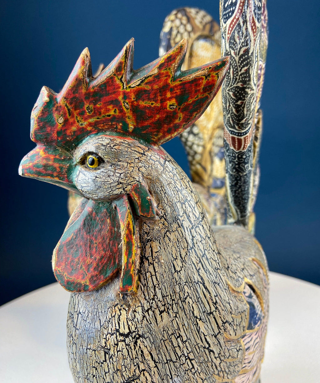 Set of 2 Wooden Hand Carved Rooster Figurines. Wood with Fabric Inlays & Gold Lines. Modern Farmhouse. Fall Decor. Table Centerpiece. Ethnic