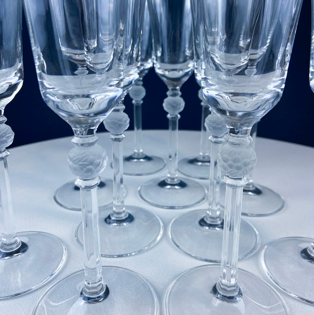 Crystal Champagne Glasses with Ball Stem. Enchantress by Mikasa. Frosted Ball Shaped like Berries & Leaves. Set of 11. Beautiful Ping.