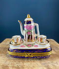 Tea Time Porcelain Limoges Box. Miniature Tea Setting, Tea/Coffee Pot & Cups with Floral Motif. Made in France. Highly Collectible.