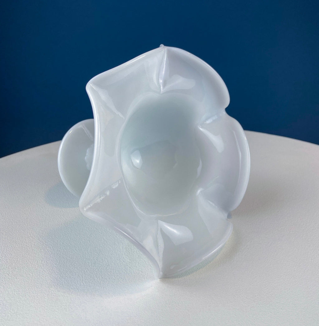 Milk Glass Footed Bowl Shaped like Hibiscus. White Glass Compote with Hobnail Pattern and Scalloped/Ruffled Rim. Serving Dish. Trinket Dish.
