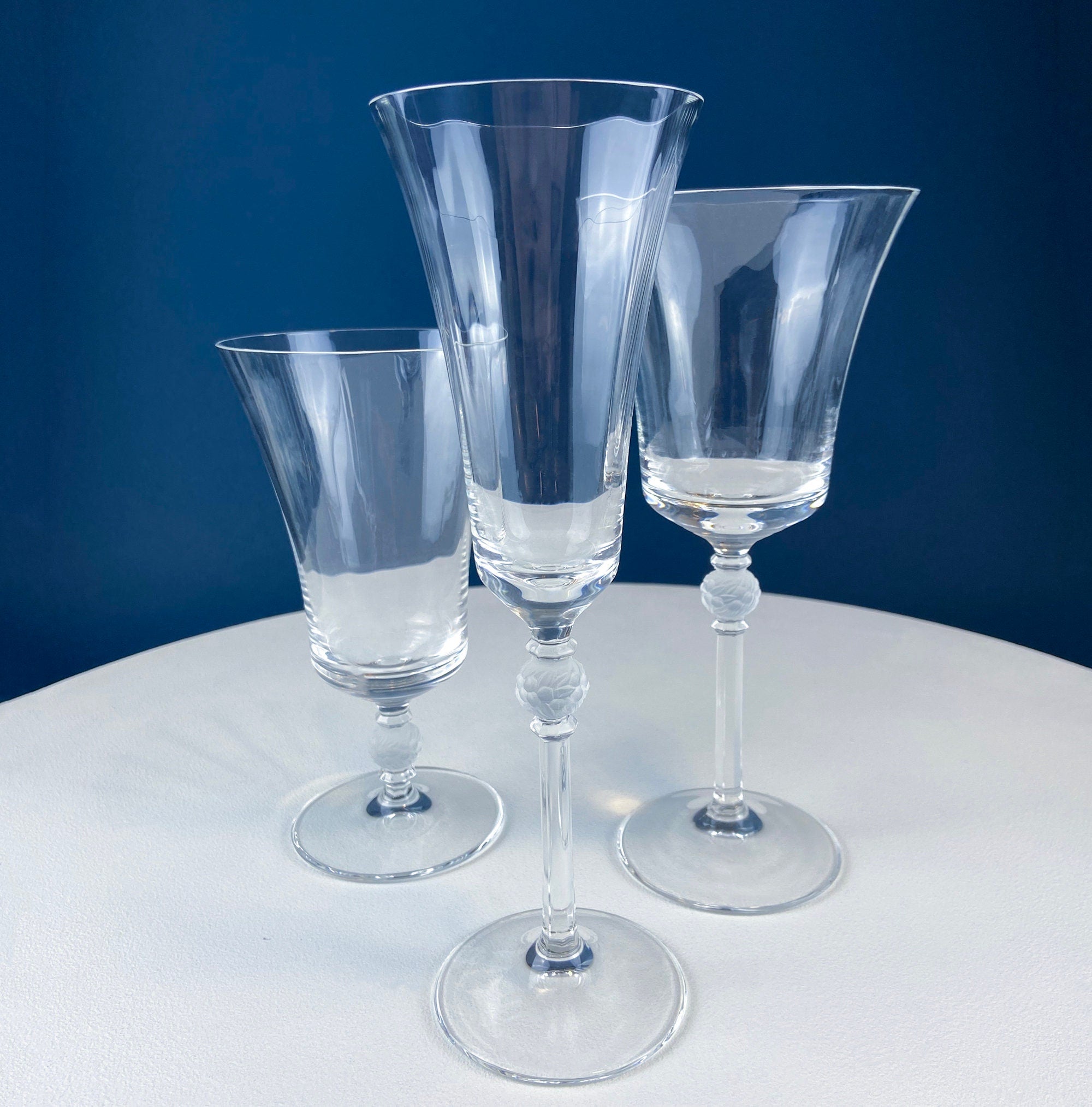 Crystal Wine Goblets with Ball Stem. Enchantress by Mikasa. Frosted Ball Shaped like Berries & Leaves. Set of 9. Stunning Ping.