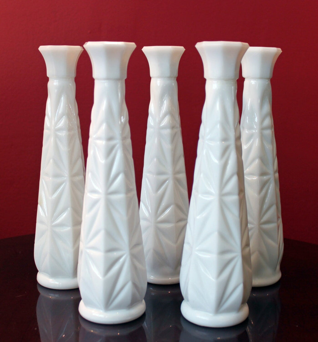 Milk Glass Vases. Collection of Three Differently Quilted & Shaped Flower Vases. Wedding Decor. Spring Celebration. White Fine Dining. Finie