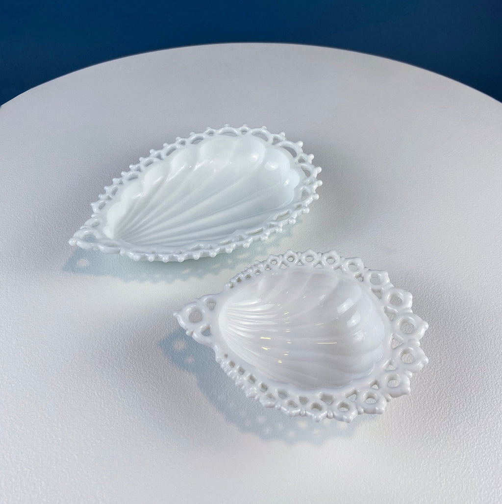 Milk Glass Tear Drop Small Serving Dishes with Fluting & Lacy Brim. Set of 2 White Serving Dishes. Kitchen, Bath Decor. Condiment, Soap Dish