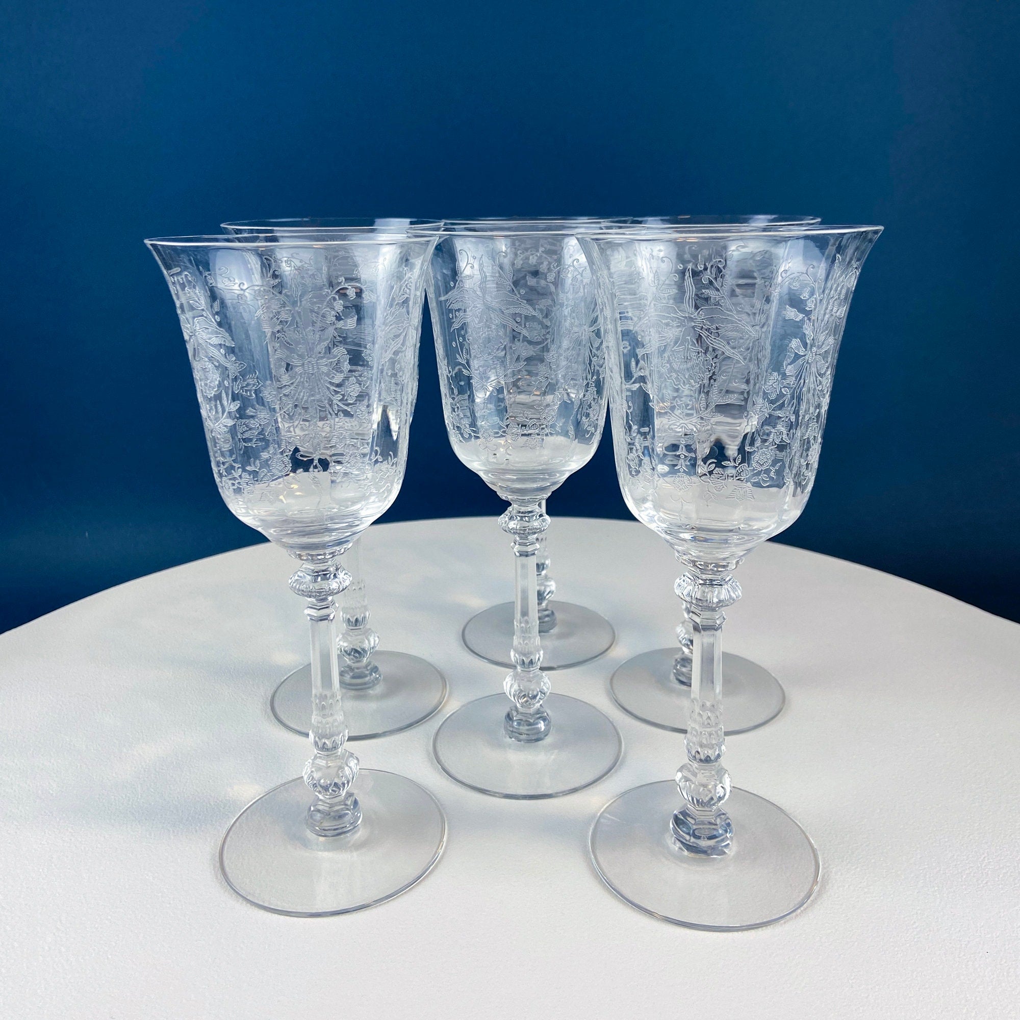 Heisey Wine Goblets. Set of 7 Orchid Pattern Etched Crystal Glasses. Home Gift. Dining Room Decor. Collectible Glassware.