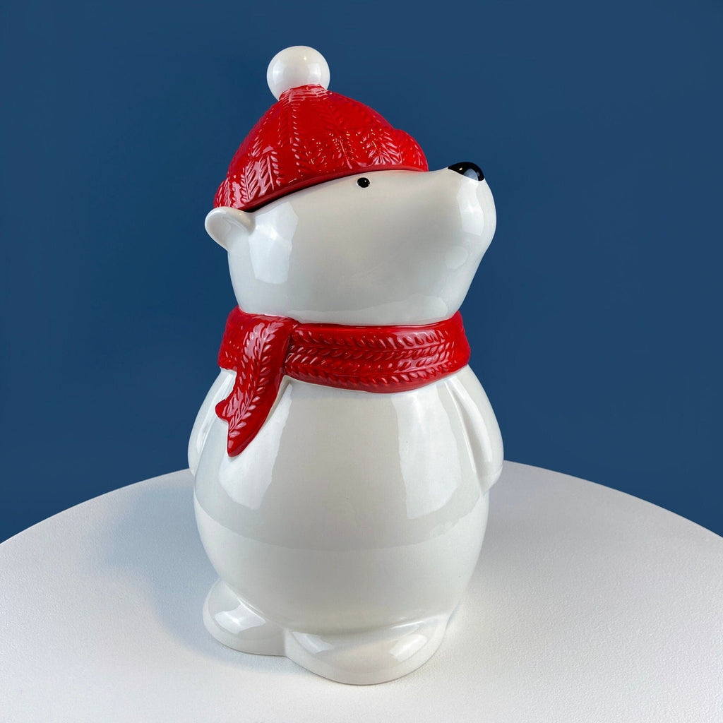 Polar Bear in Red Hat Cookie Jar. Cute, Animal Themed Kitchen Storage Canister or Kids' Room Decor. Holiday Dining Room Decor.
