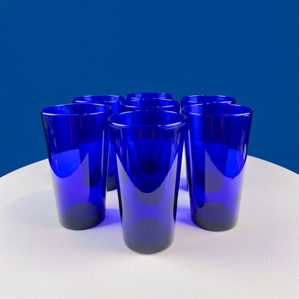 Modern Topaz Stemmed Tumblers. Set of Six Footed Juice Glasses. Blue Kitchen Decor. Dining Room Decor. Collectible Glasses. Wedding Gift.