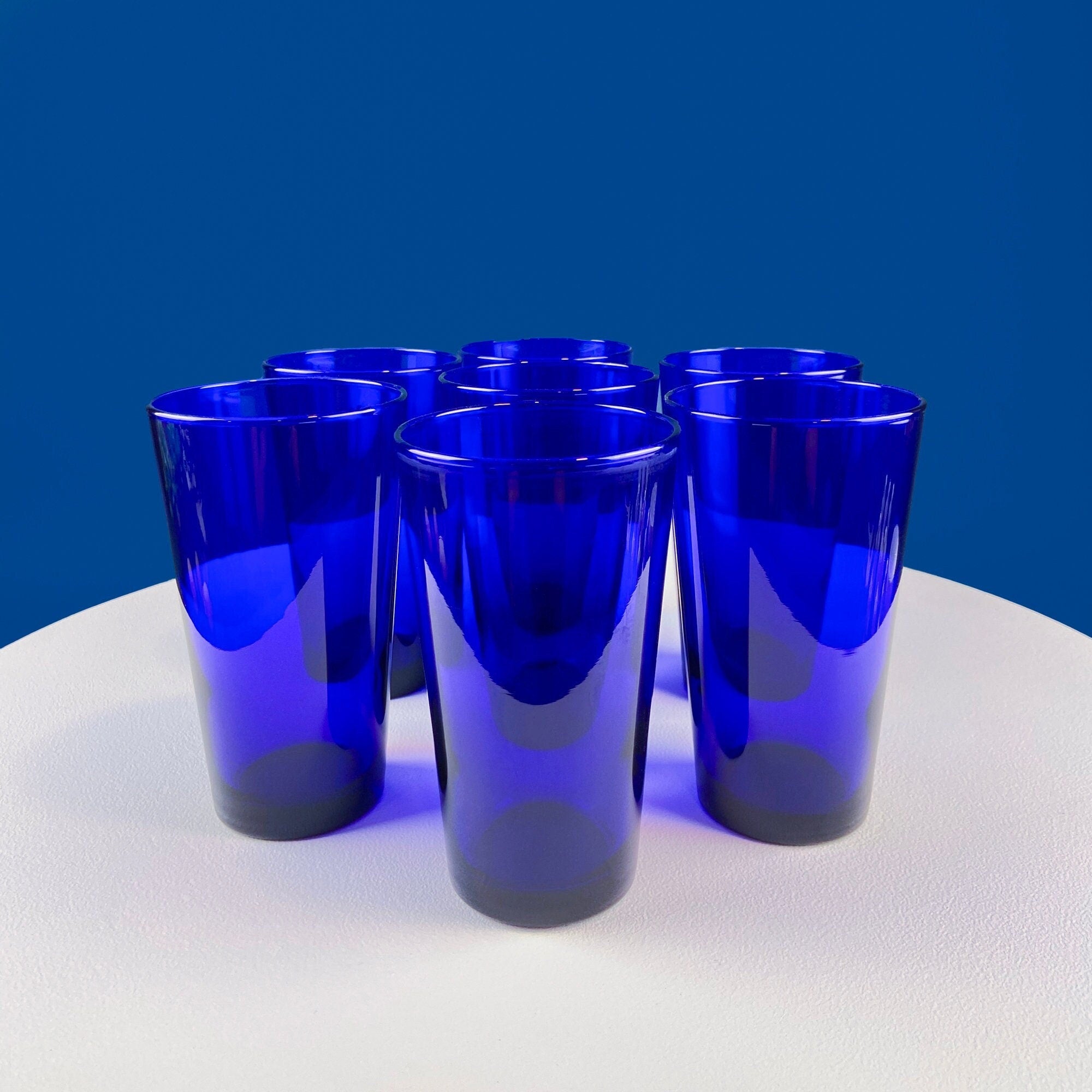 Modern Topaz Stemmed Tumblers. Set of Six Footed Juice Glasses. Blue Kitchen Decor. Dining Room Decor. Collectible Glasses. Wedding Gift.